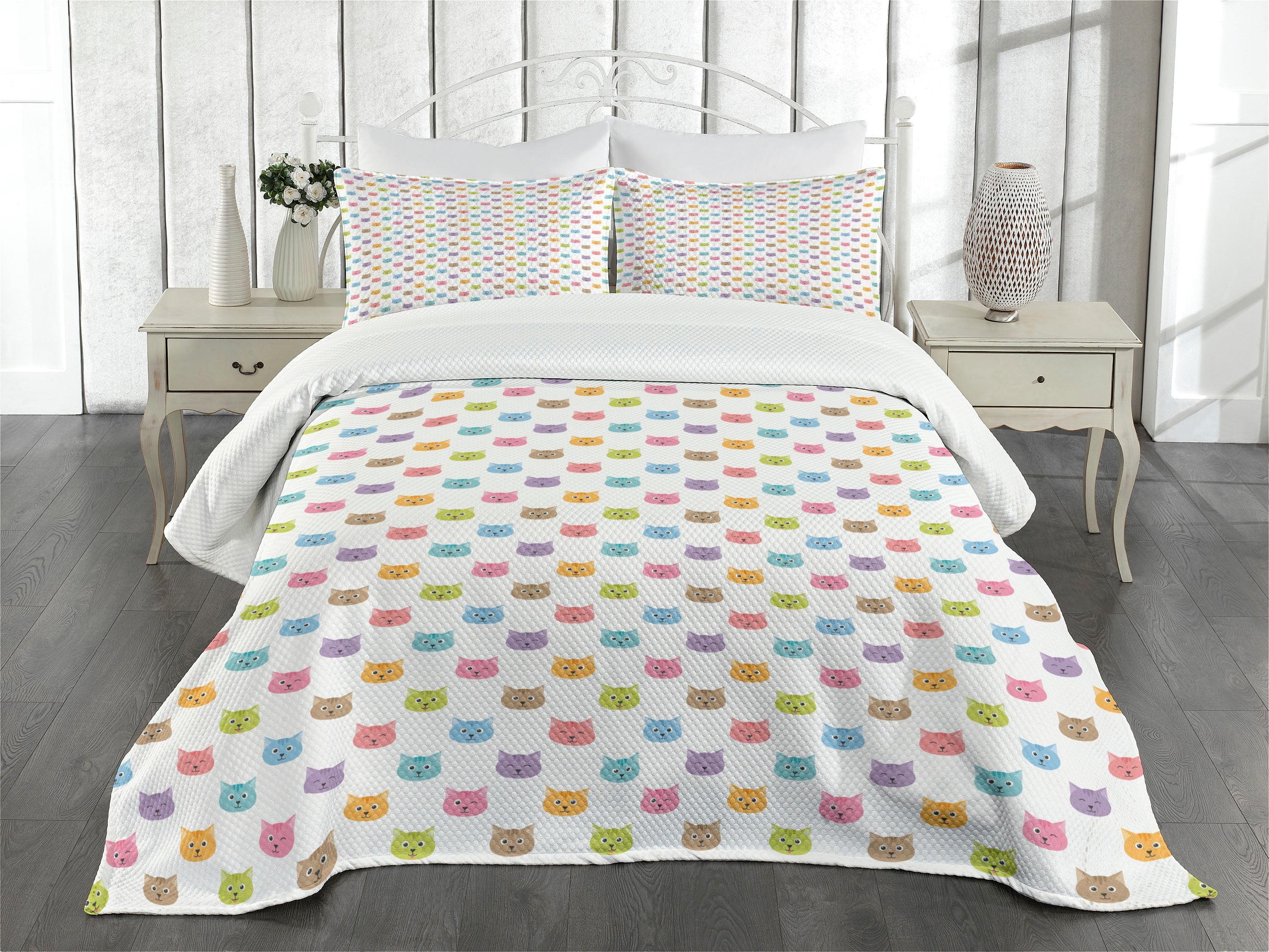 Ambesonne Ambesonne Cat Bedspread Set Colorful Faces Multicolor