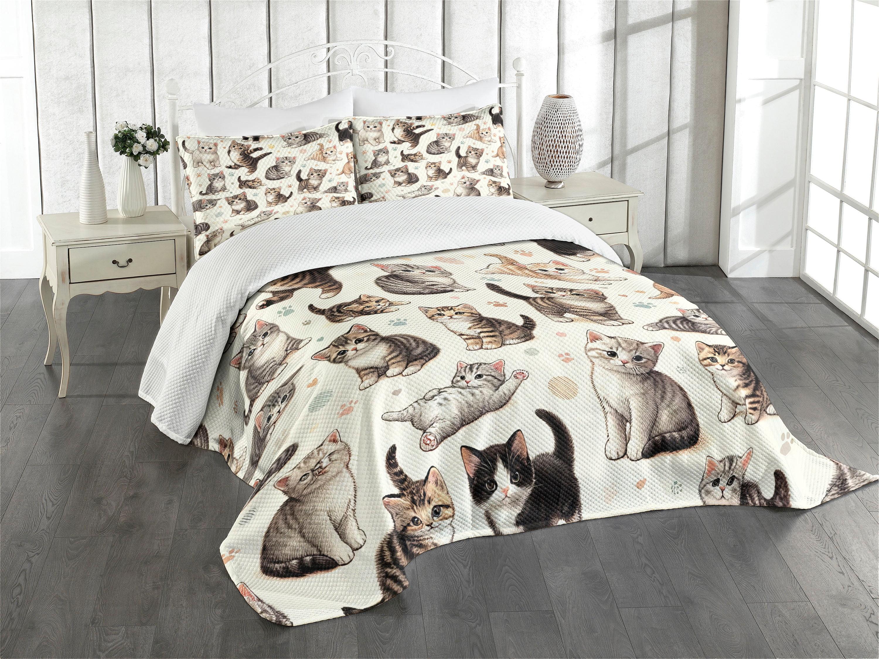 King Size Gray Cat Print Polyester Bedspread Set