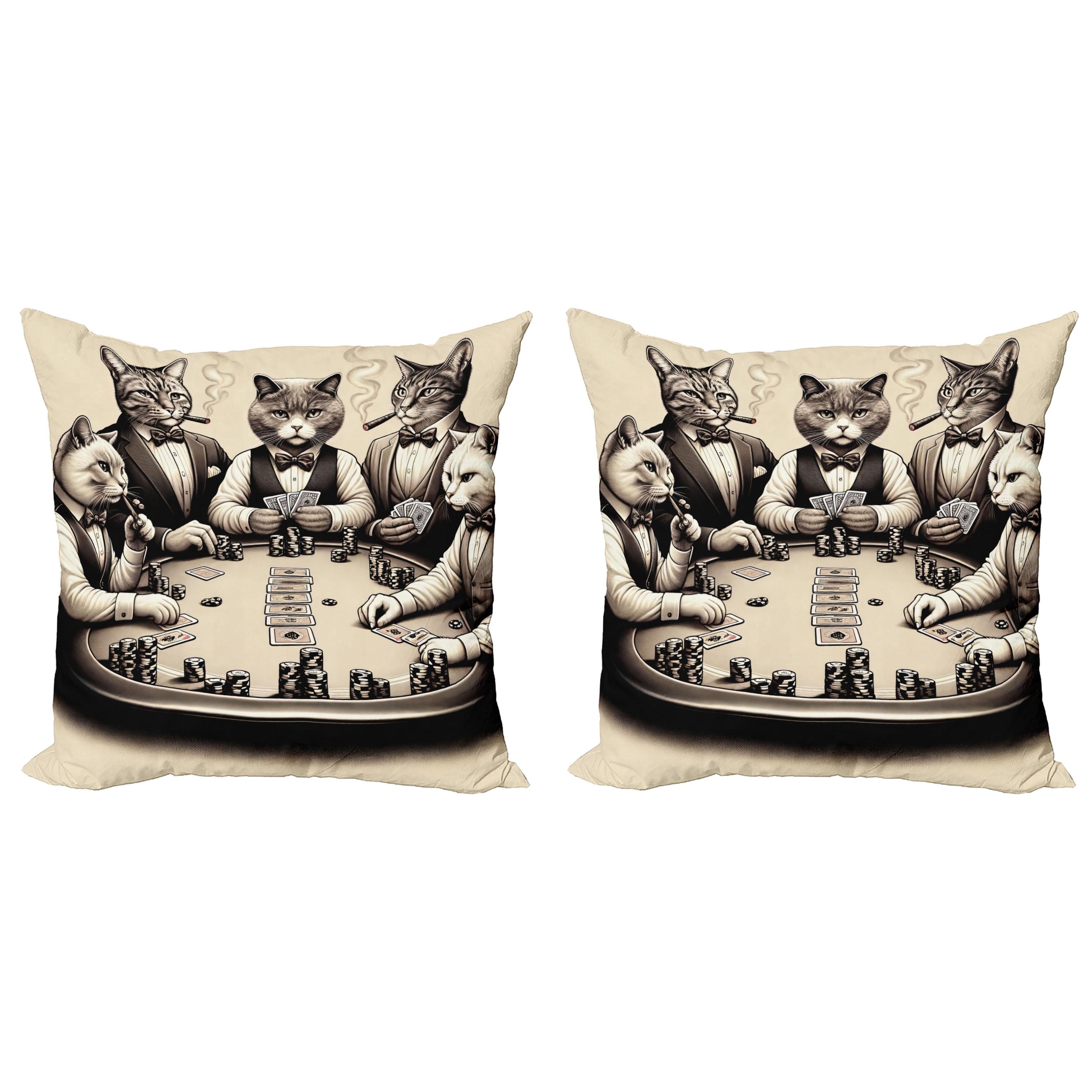 Ivory and Dark Taupe Cat Poker Microfiber Throw Pillow Covers, Set of 2