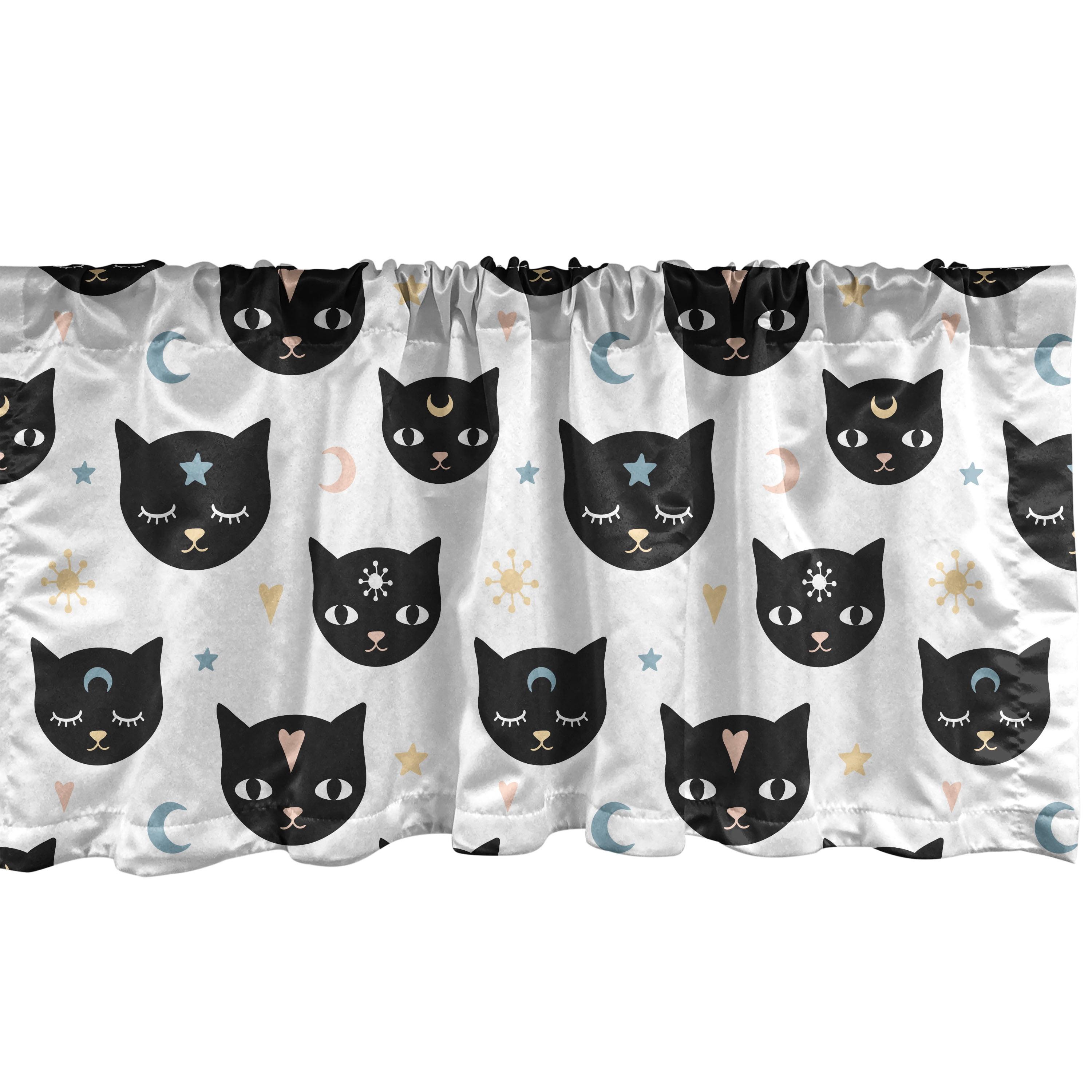 Ambesonne Kitty Valance Pack of 2 Monochrome Style Kitten Heads  Charcoal Grey and White