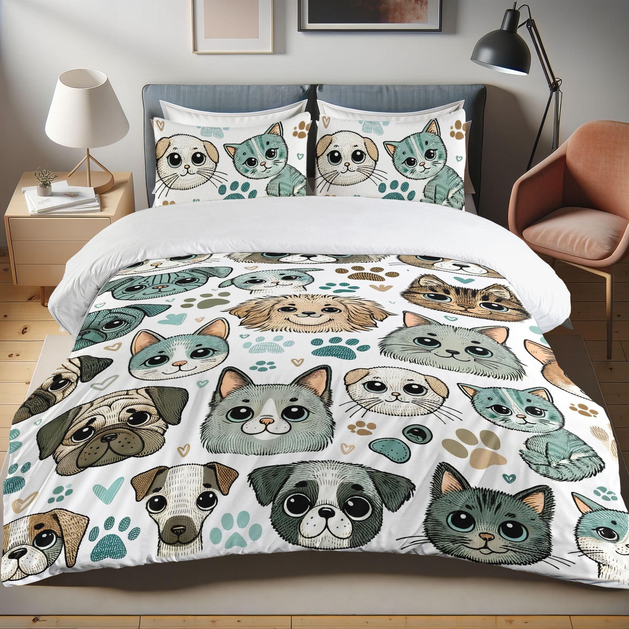 California King Teal and Off-White Cats and Dogs Duvet Cover Set