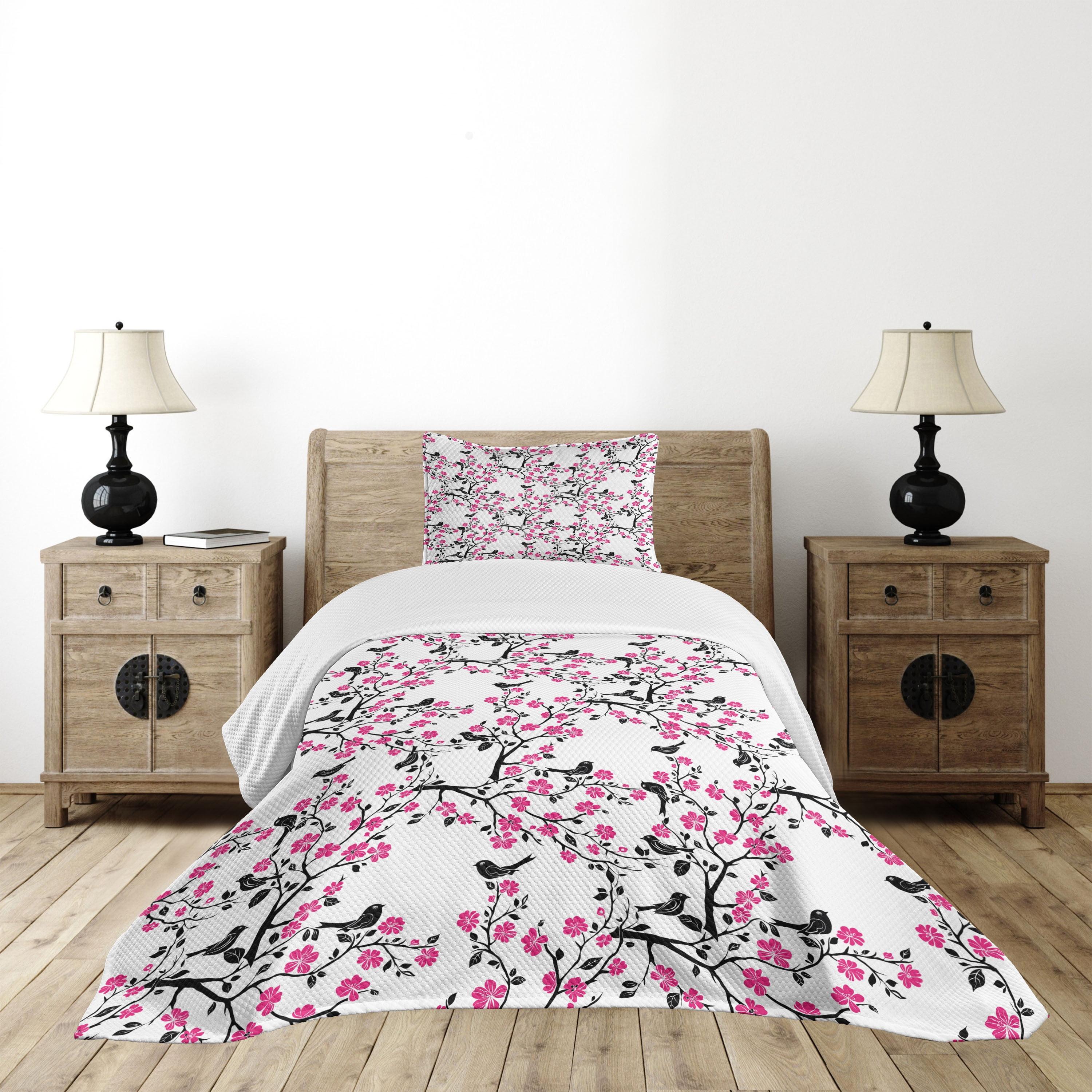 White and Pink Cherry Blossom Twin Bedspread Set