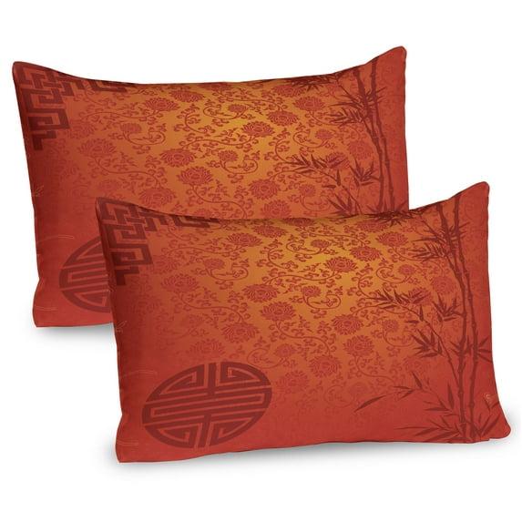 Ambesonne Ambesonne Chinese Pillow Sham 2 Pack Traditional Nature Art Pale Orange Burgundy