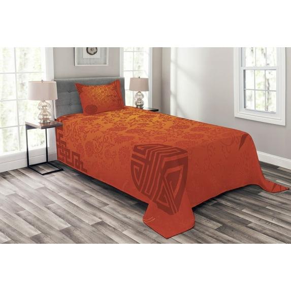 Ambesonne Ambesonne Chinese Bedspread Set Traditional Nature Art Pale Orange Burgundy