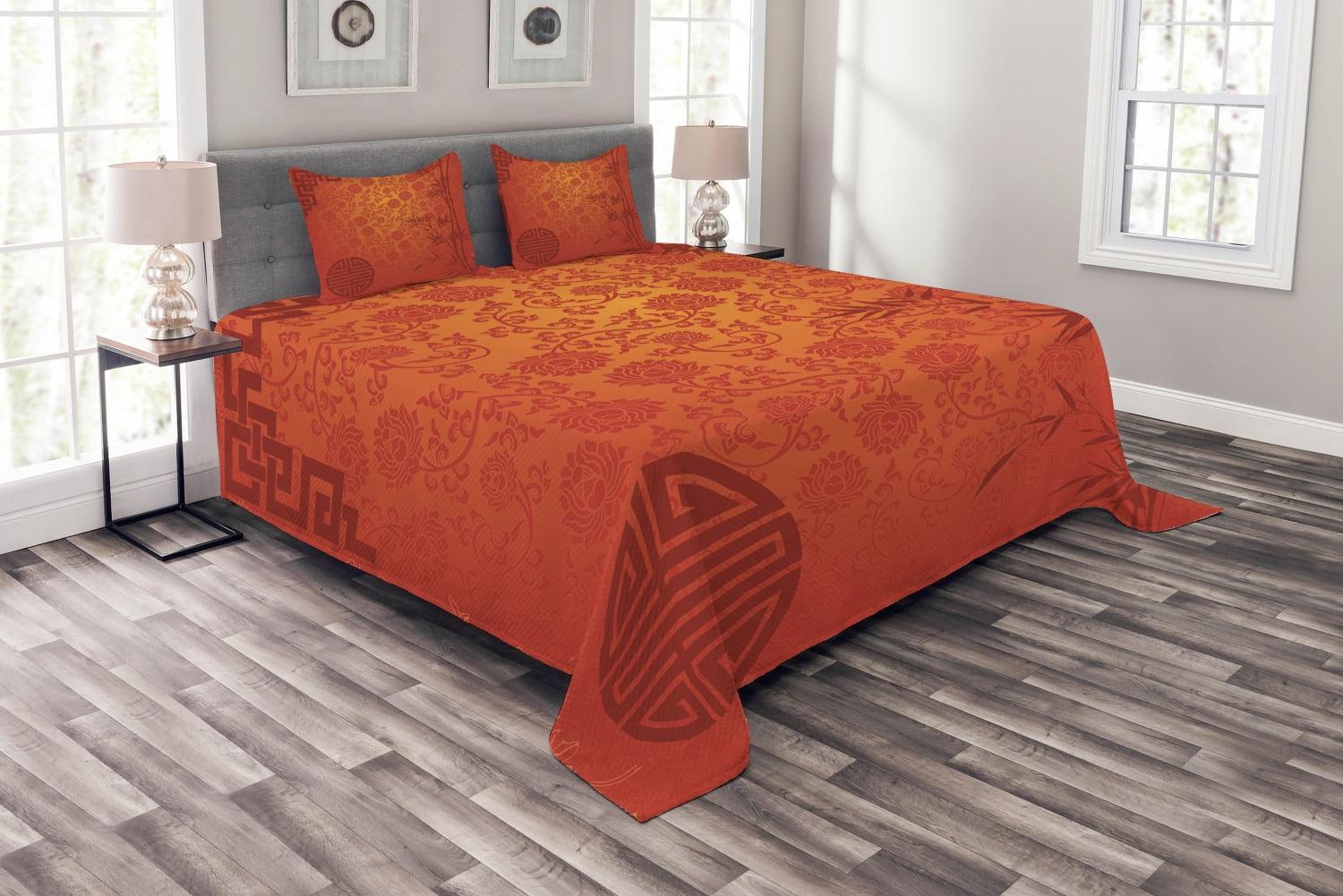 Ambesonne Chinese Bedspread Set Traditional Nature Art Pale Orange Burgundy