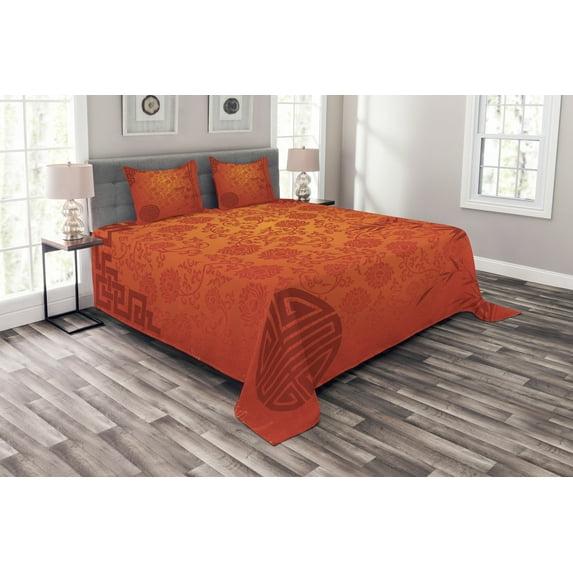 Ambesonne Ambesonne Chinese Bedspread Set Traditional Nature Art Pale Orange Burgundy