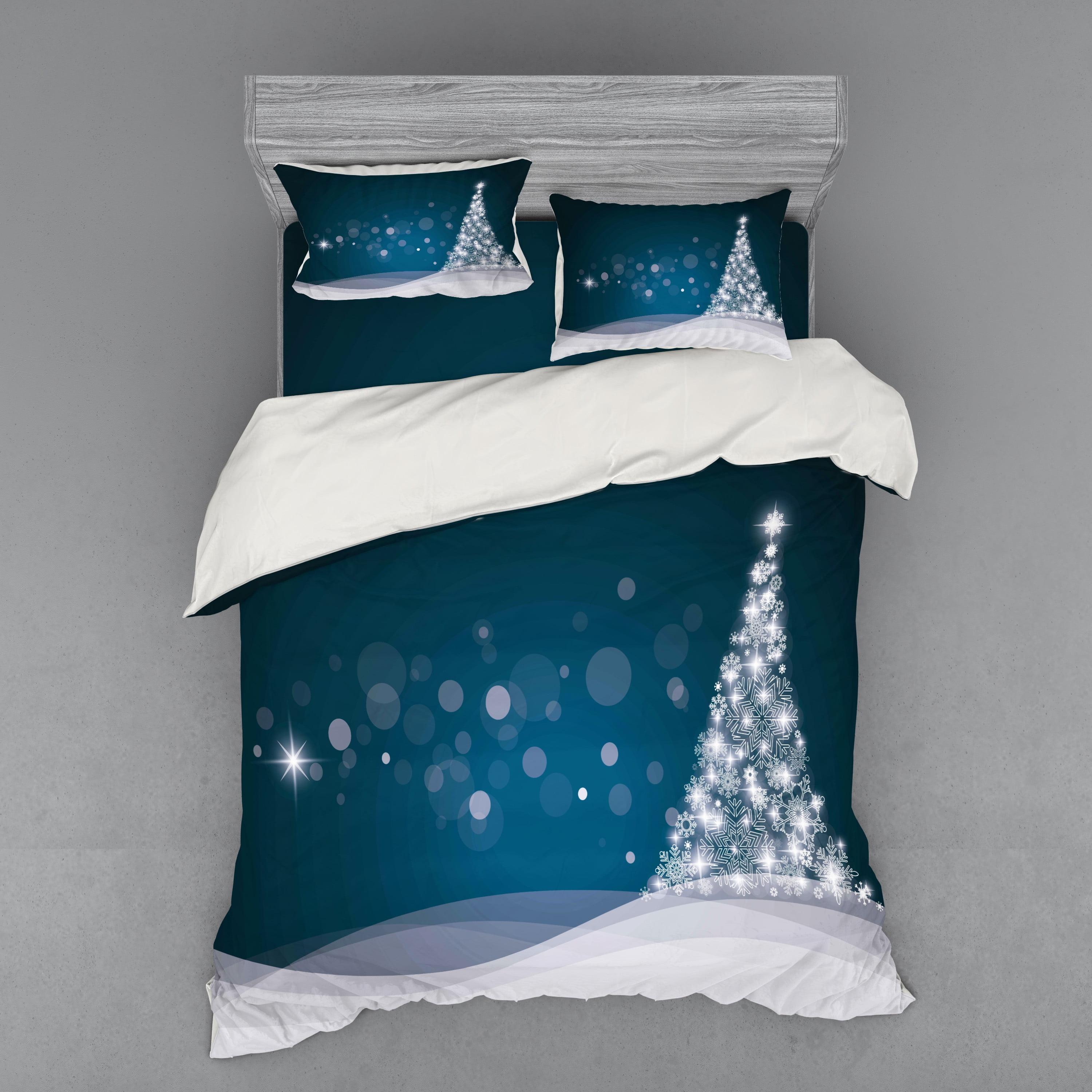 Queen Size Slate Blue and White Christmas Tree Duvet Cover Set