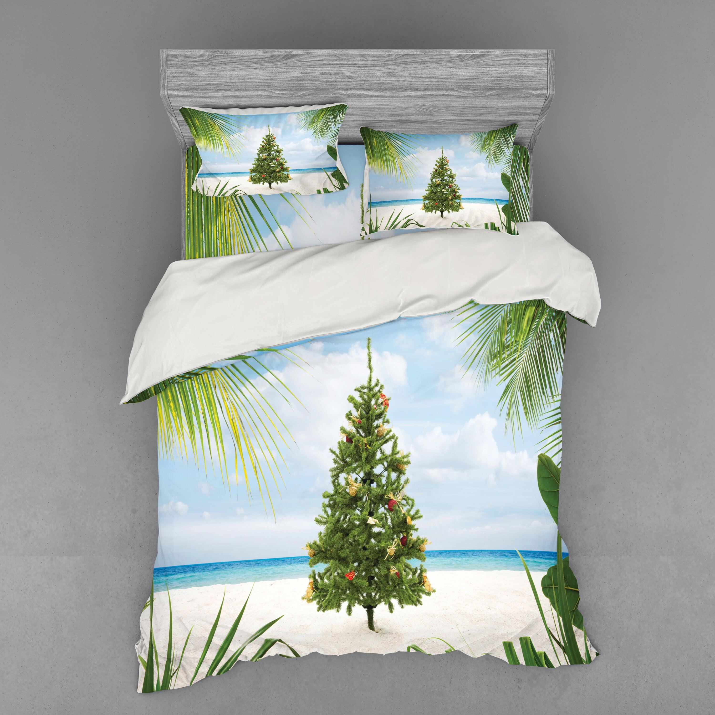 Queen Green Blue Cream Christmas Tree Duvet Set