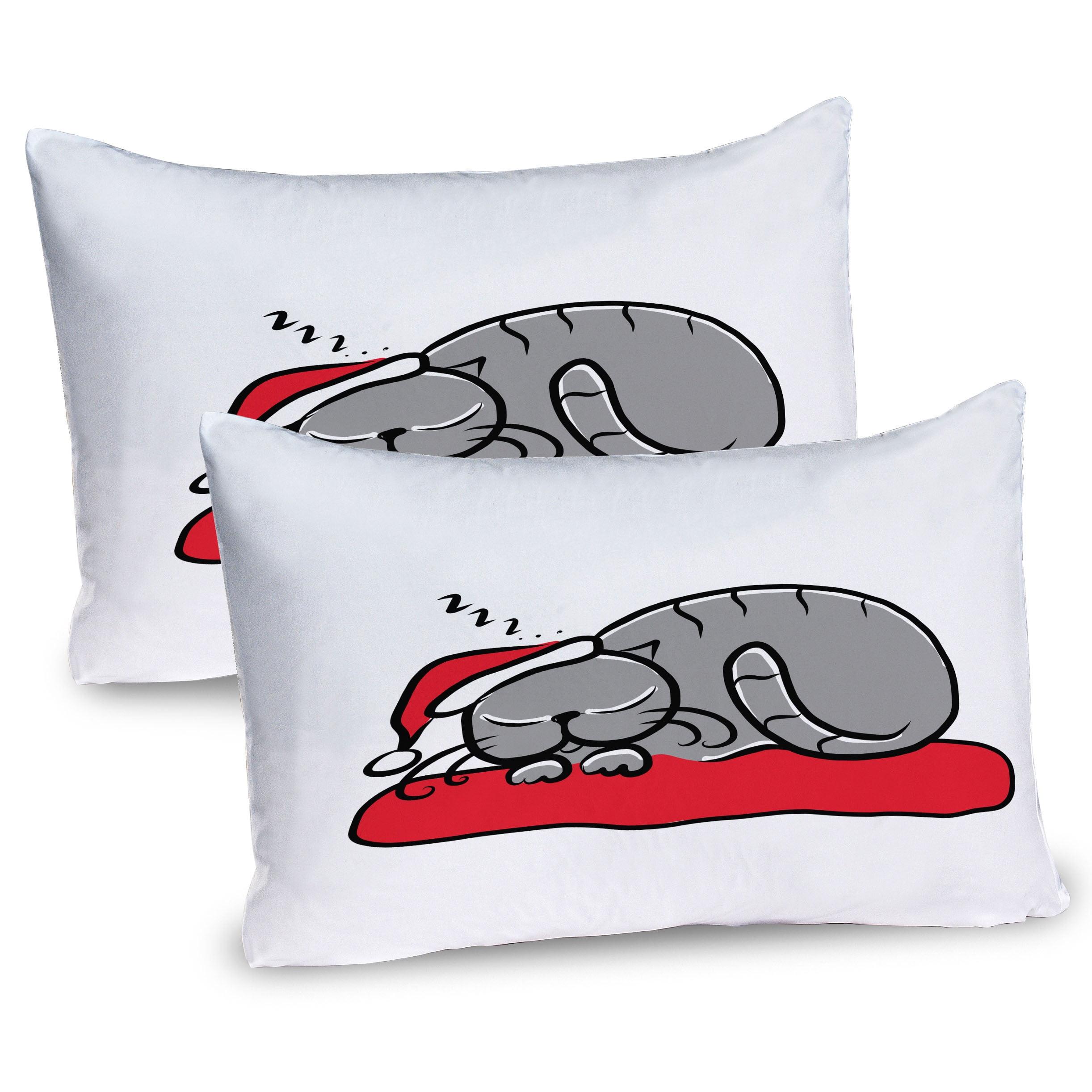 Ambesonne Christmas Pillow Sham 2 Pack Cat with Santa Hat White Red Grey