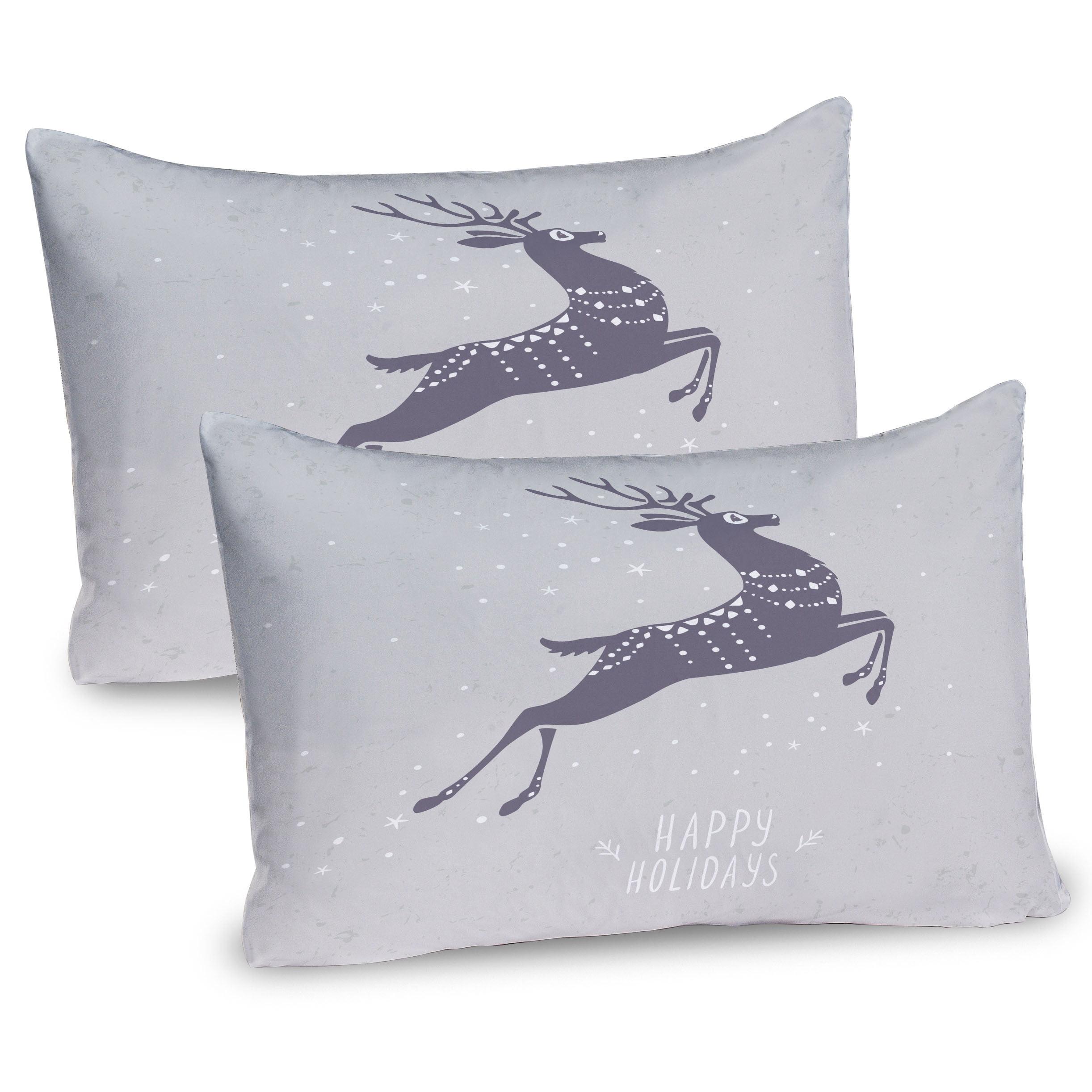 Pale Grey and Purple Reindeer Holiday Pillow Shams 2-Pack