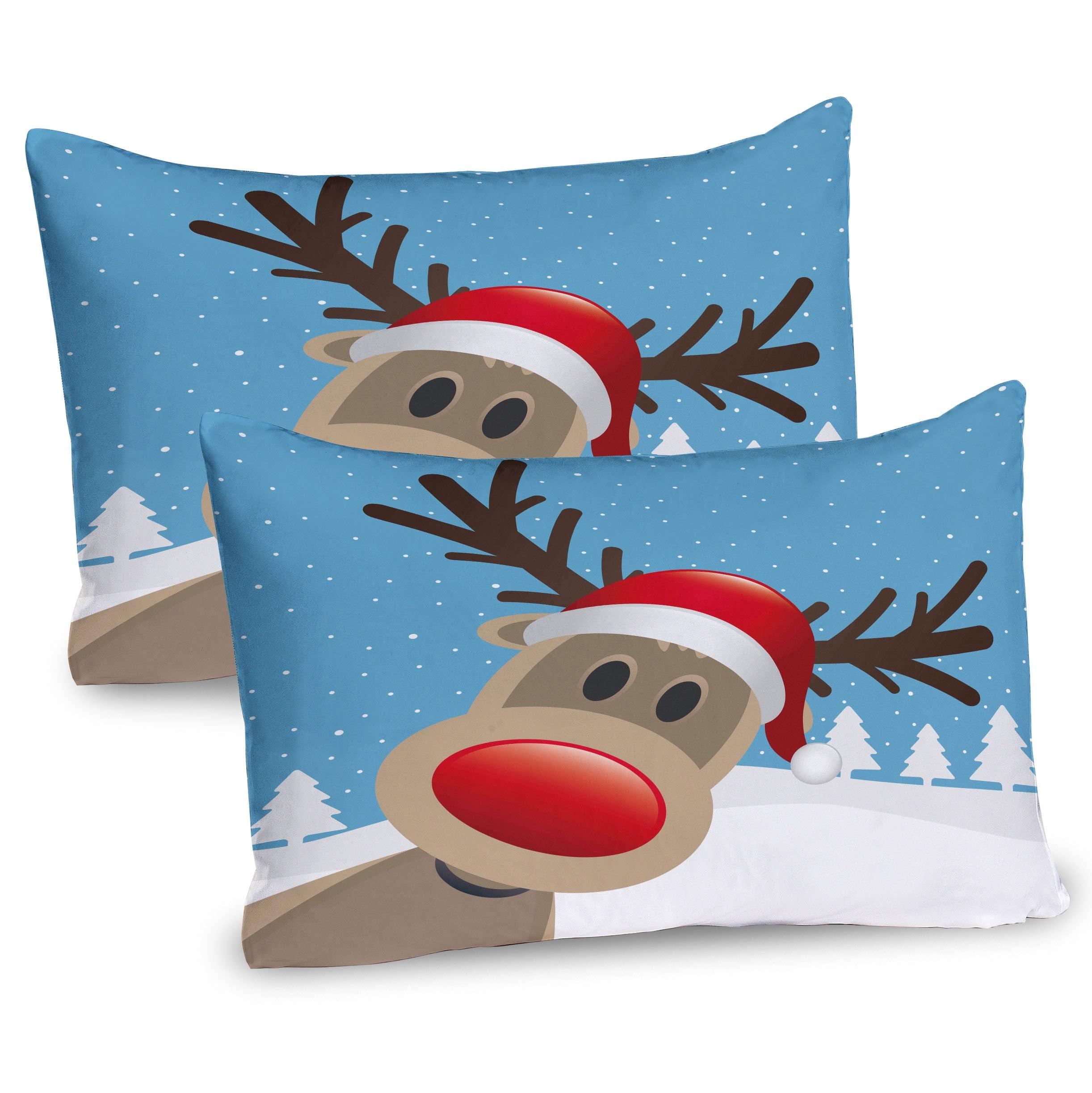 Ambesonne Christmas Pillow Sham 2 Pack Reindeer Rudolph Hat Pale Blue Red Pale Brown