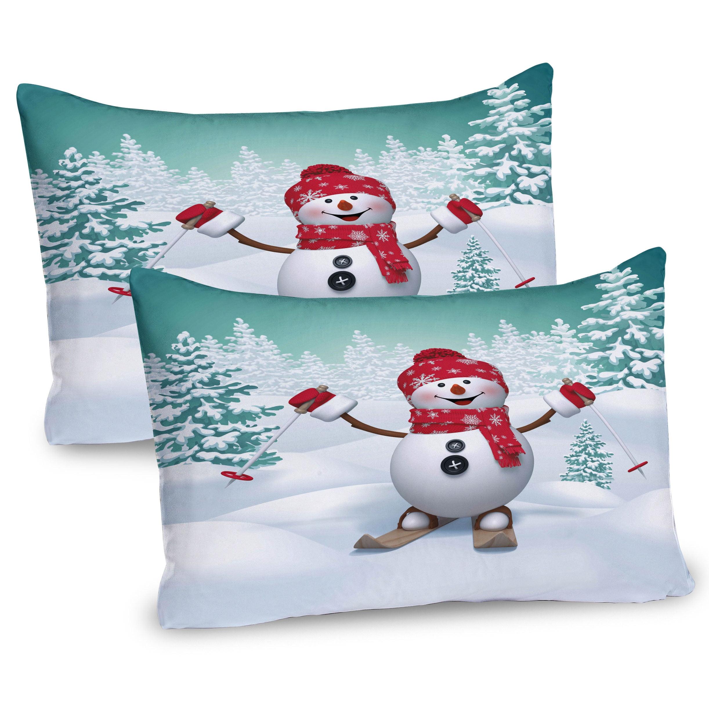 Teal Red White Skiing Snowman Microfiber Pillow Shams Set of 2