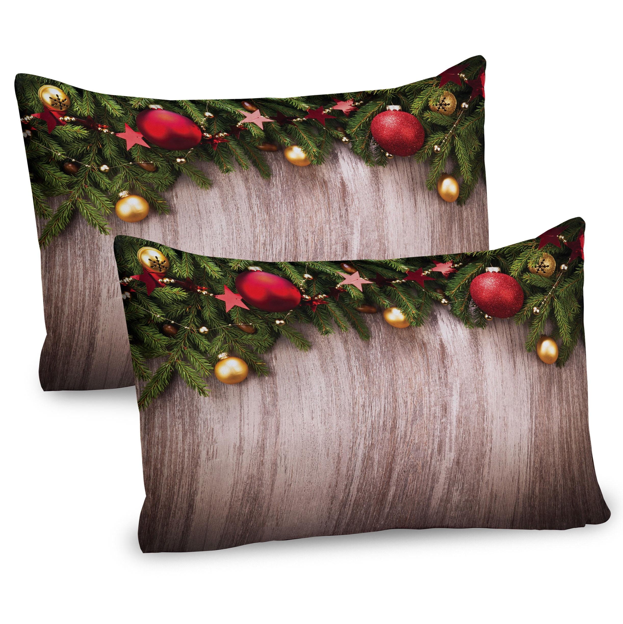 Christmas Rustic Brown Green Red Microfiber Pillow Shams 2 Pack