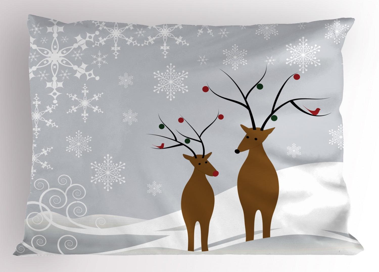 Ambesonne Christmas Pillow Sham, Reindeers Noel, 26" X 20", Brown Pale Grey White