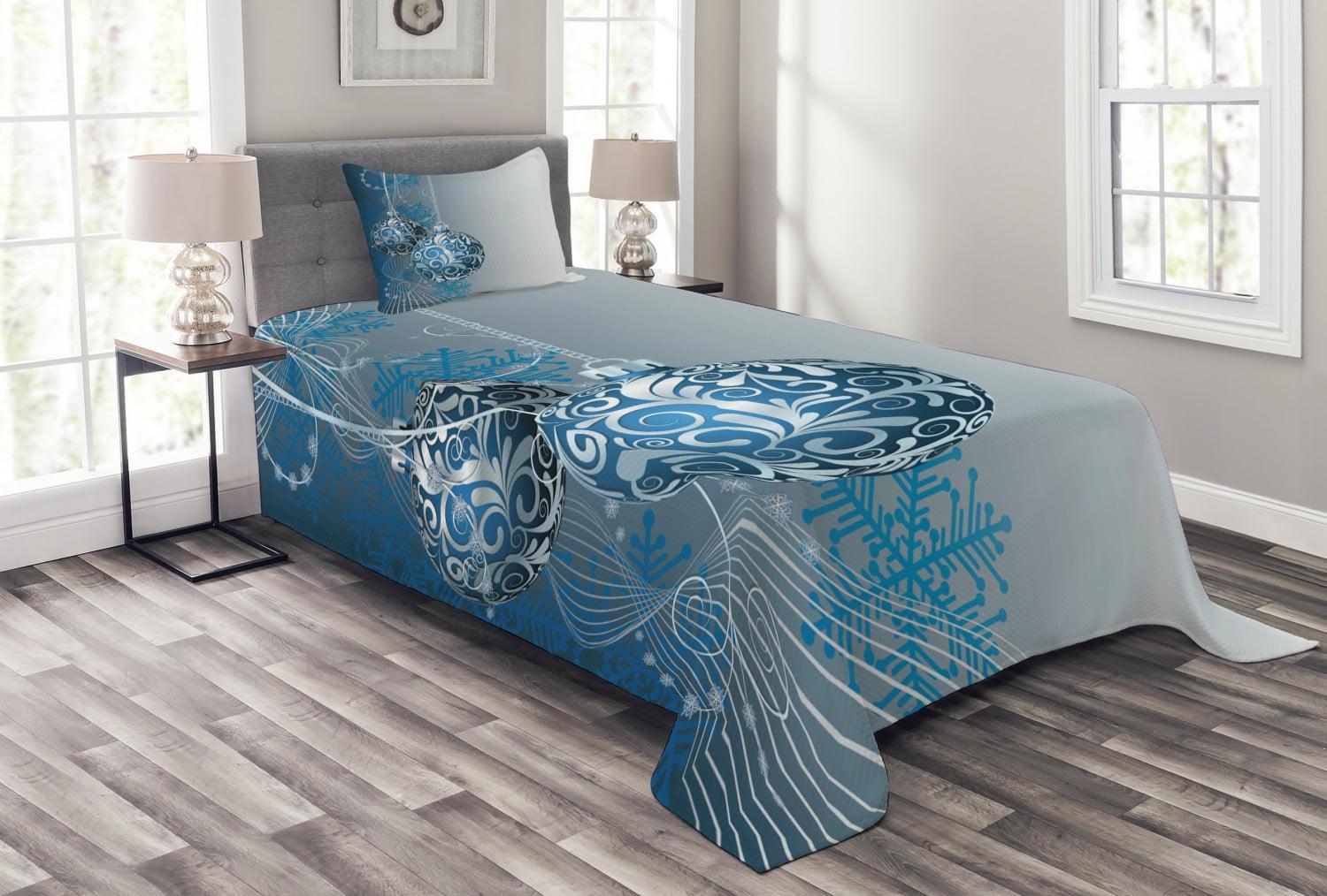 Ambesonne Christmas Bedspread Set Snowflake Motifs Swirls Blue Pale Blue White