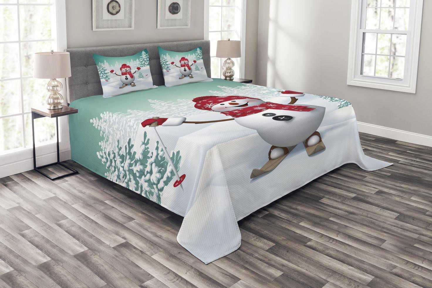 Queen Size White Quilted Snowman Bedspread Set