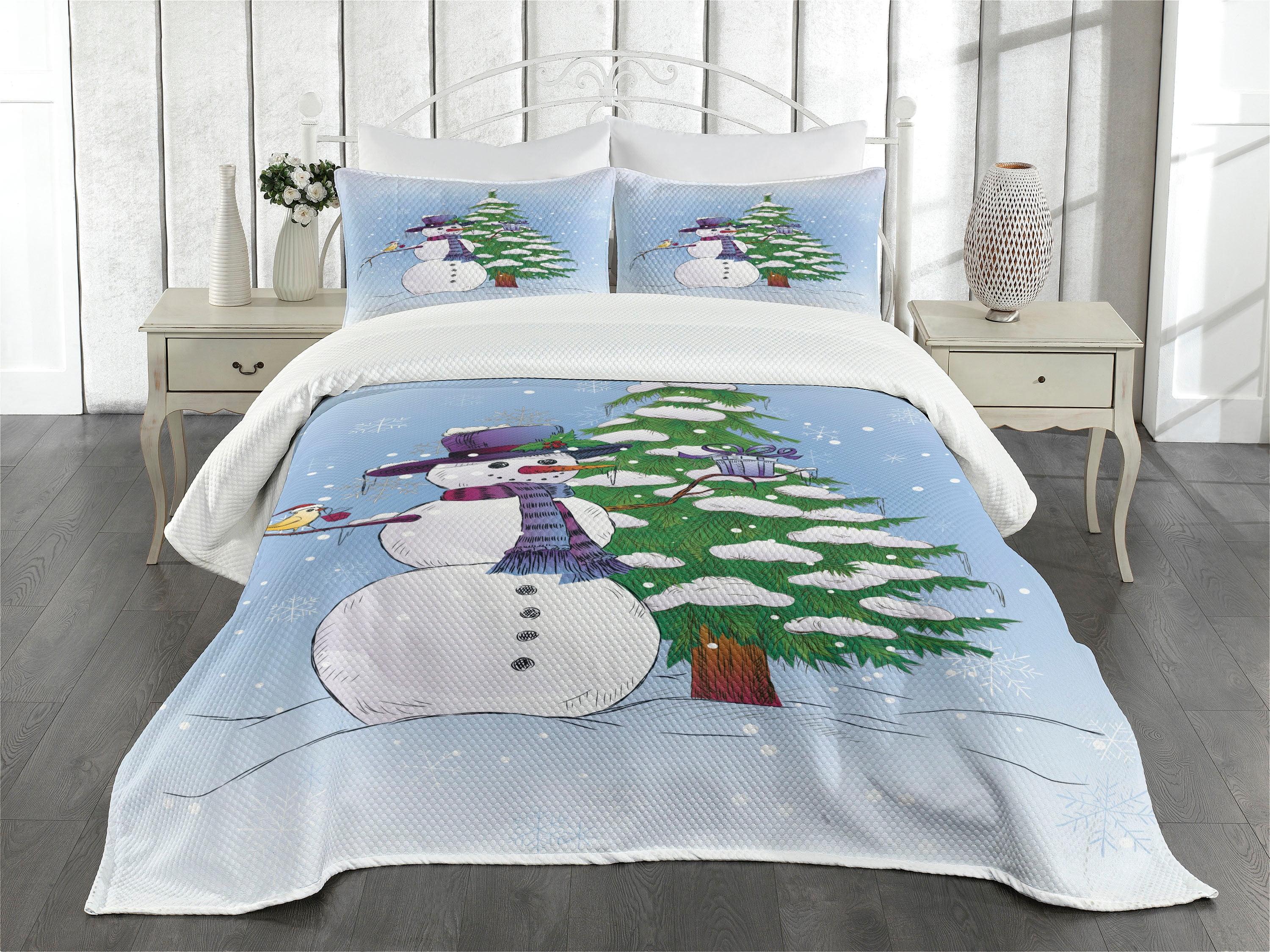 King Size Blue Microfiber Quilted Bedspread Set with Snowman Design