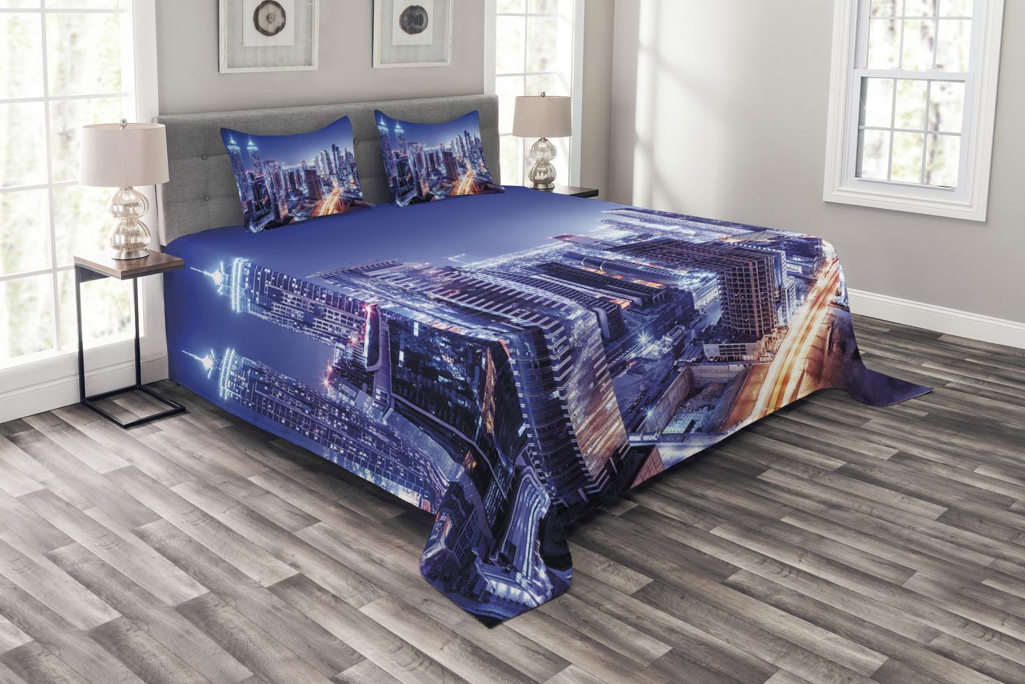 Ambesonne City Bedspread Set  Dubai Downtown Modern UAE  Violet Blue Orange