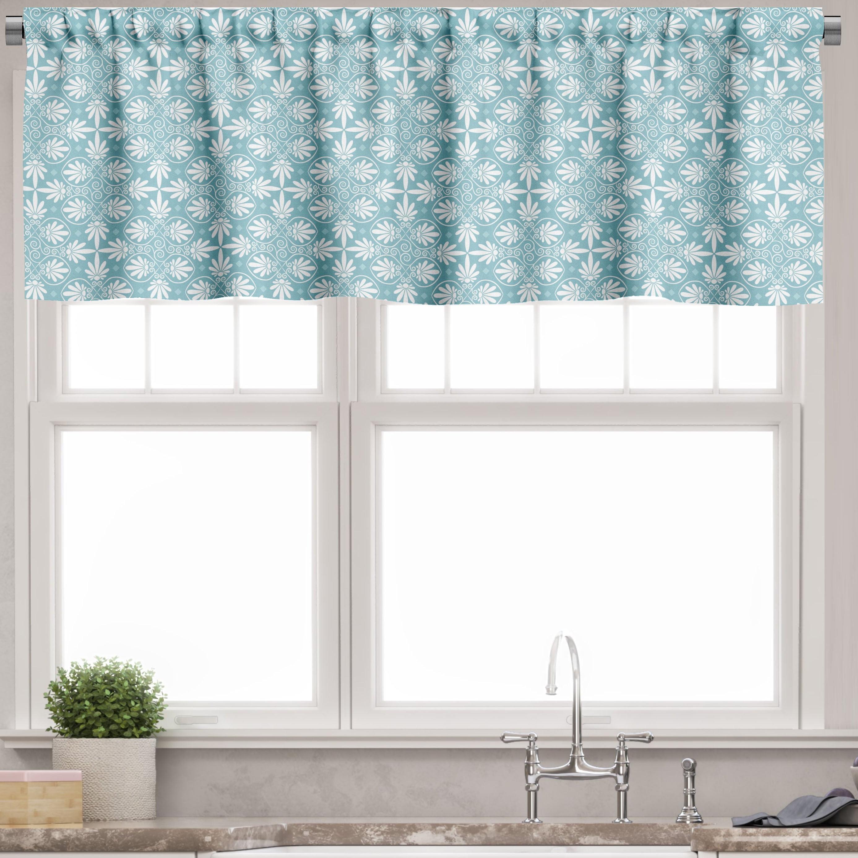 Pale Slate Blue and White Floral Satin Rod Pocket Valance