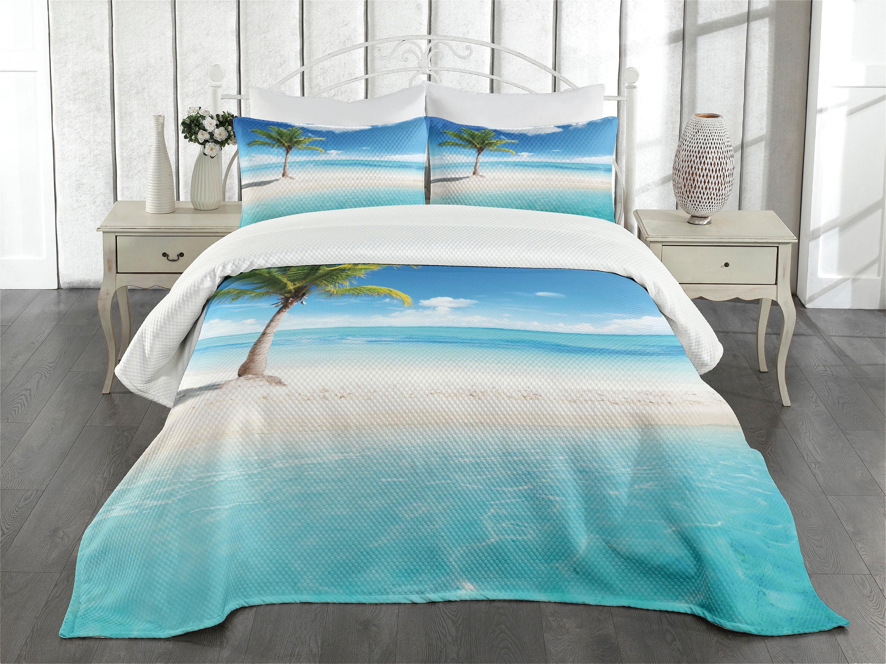 Coastal Aqua White Polyester Queen Bedspread Set