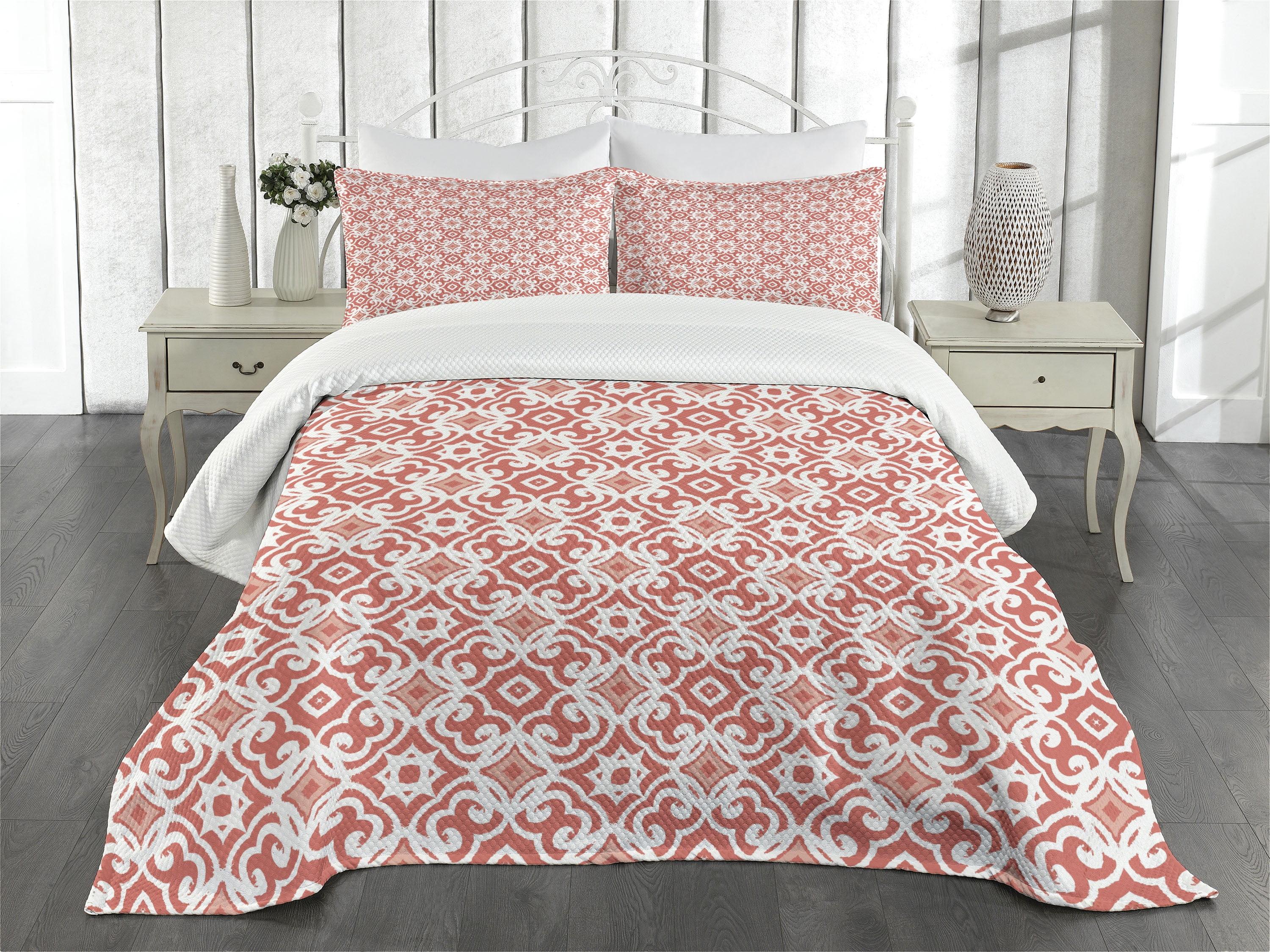 Ambesonne Ambesonne Coral Bedspread Set Vintage Art Deco Pattern Coral Pale Coral White