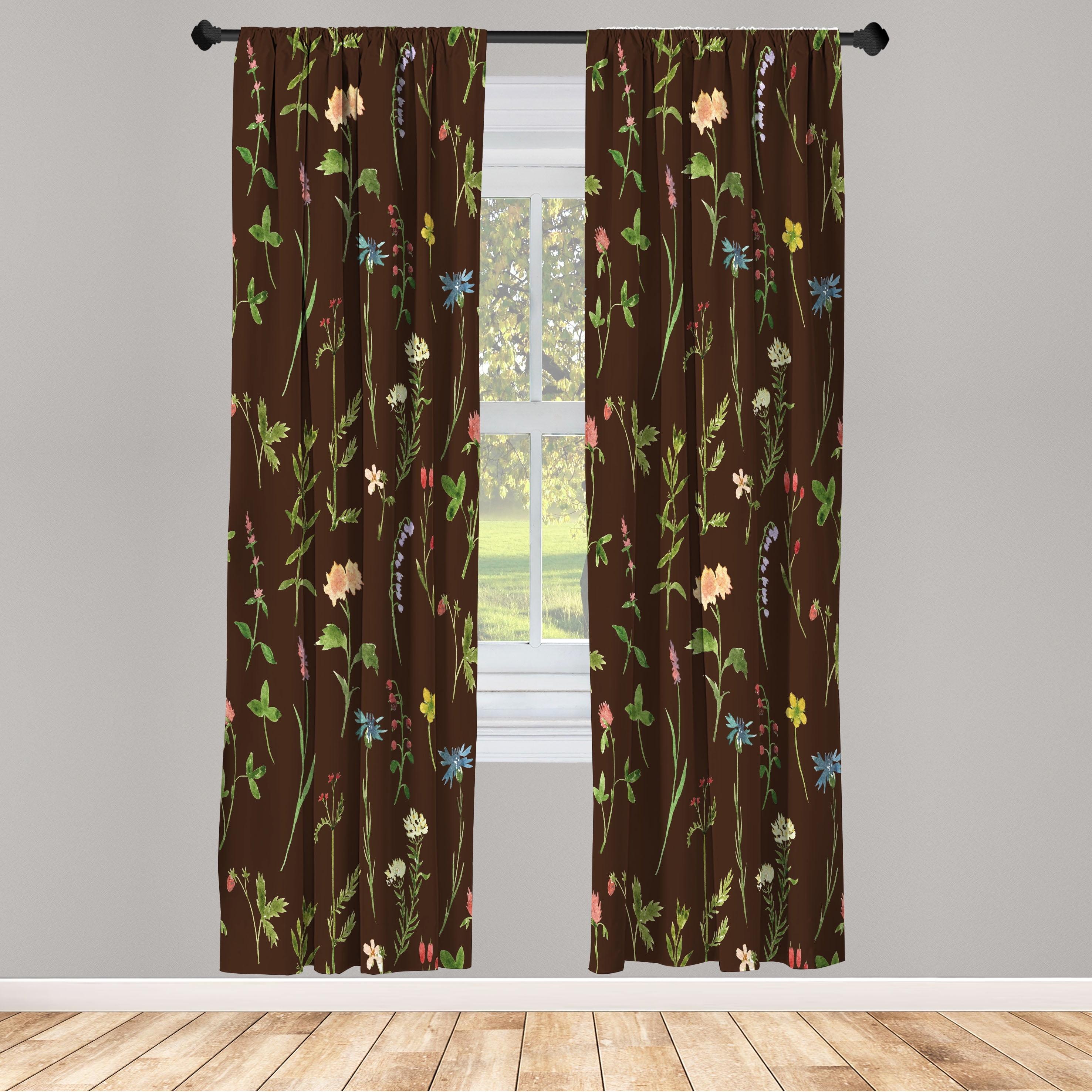 Brown and Blue Floral Microfiber Rod Pocket Curtain Panels, 28" x 63"