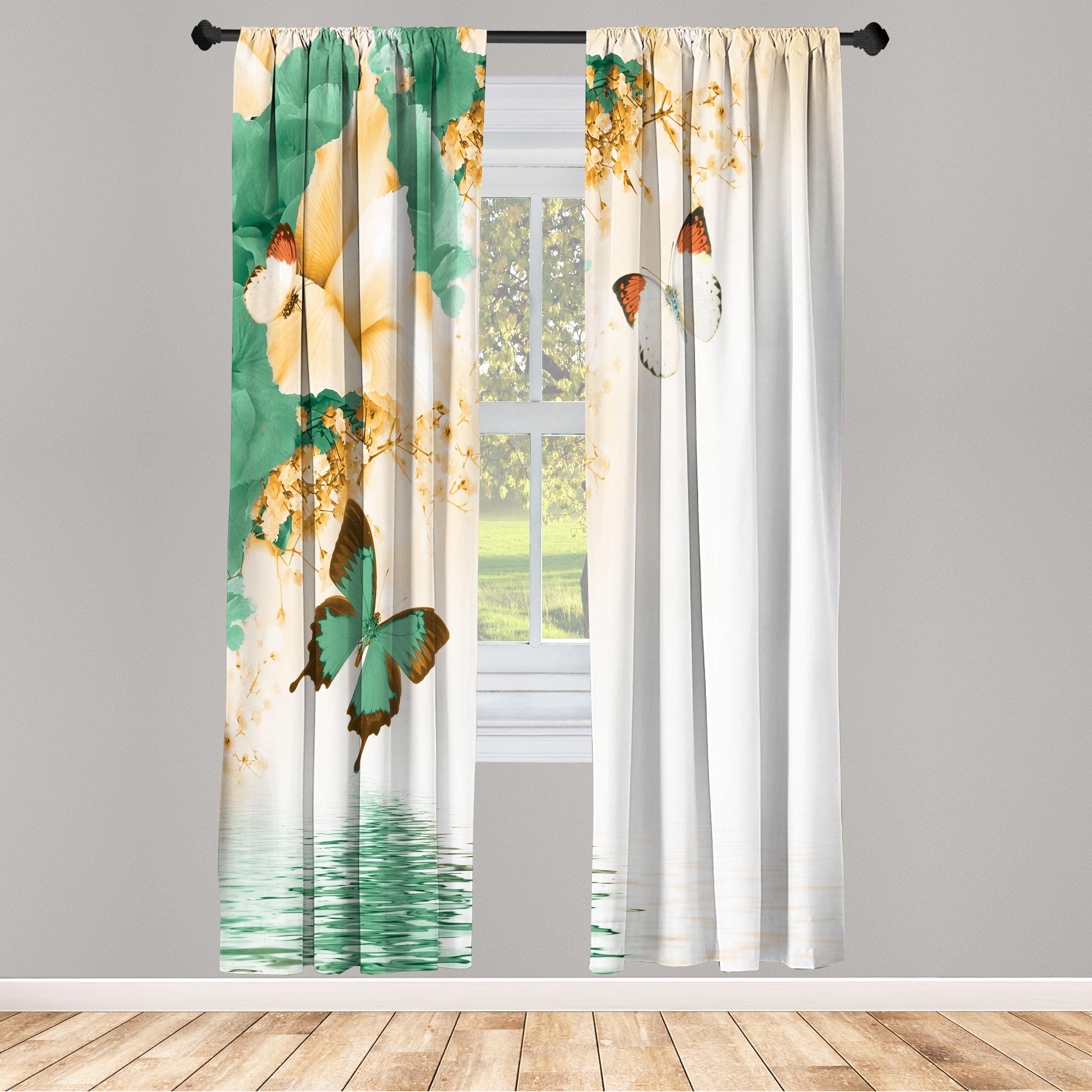 Jade Green Floral Butterfly Microfiber Rod Pocket Curtain Panels