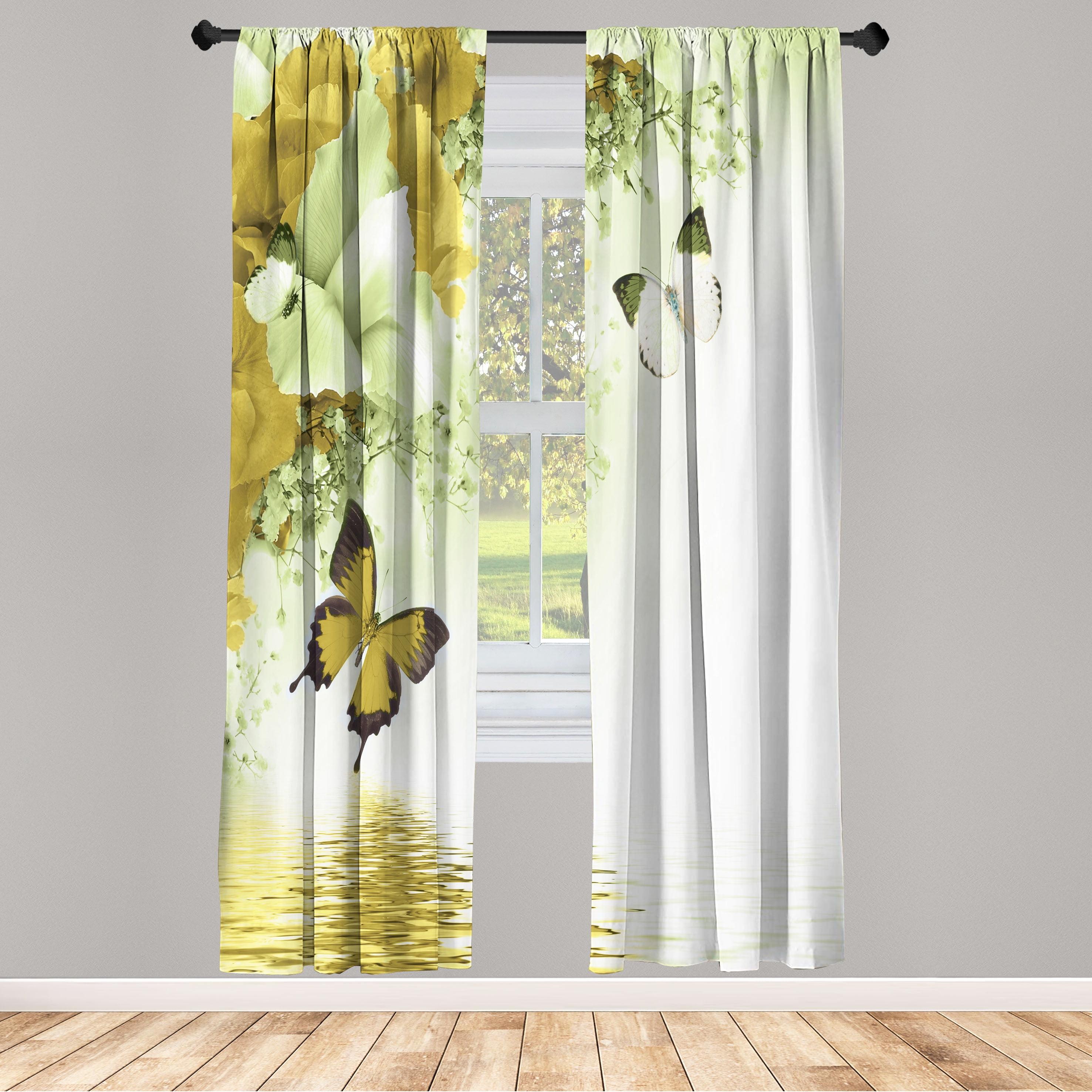 Light Green Floral Butterfly Microfiber Curtain Panels, 28" x 95"