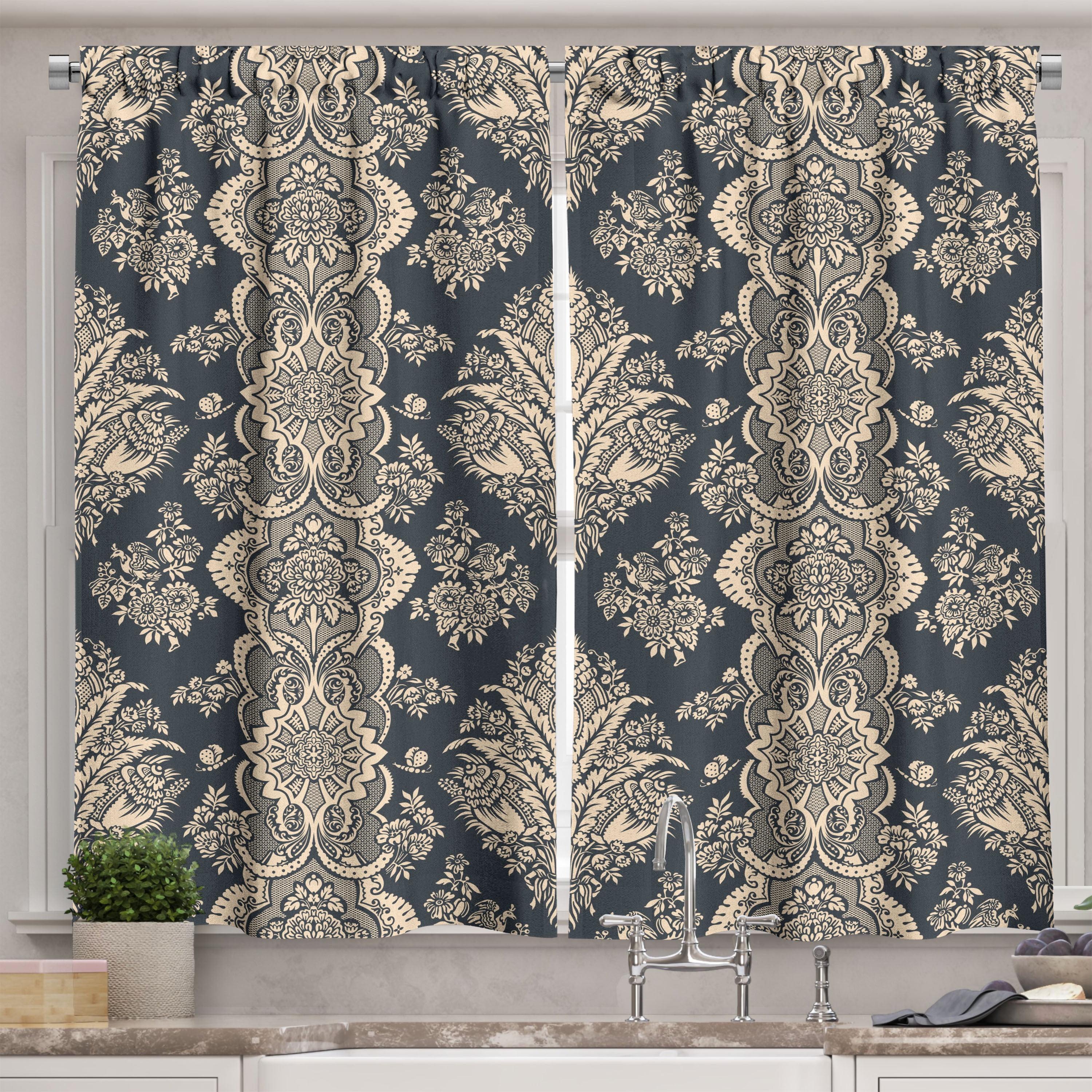 Victorian Baroque Gray and Beige Polyester Kitchen Curtain Set