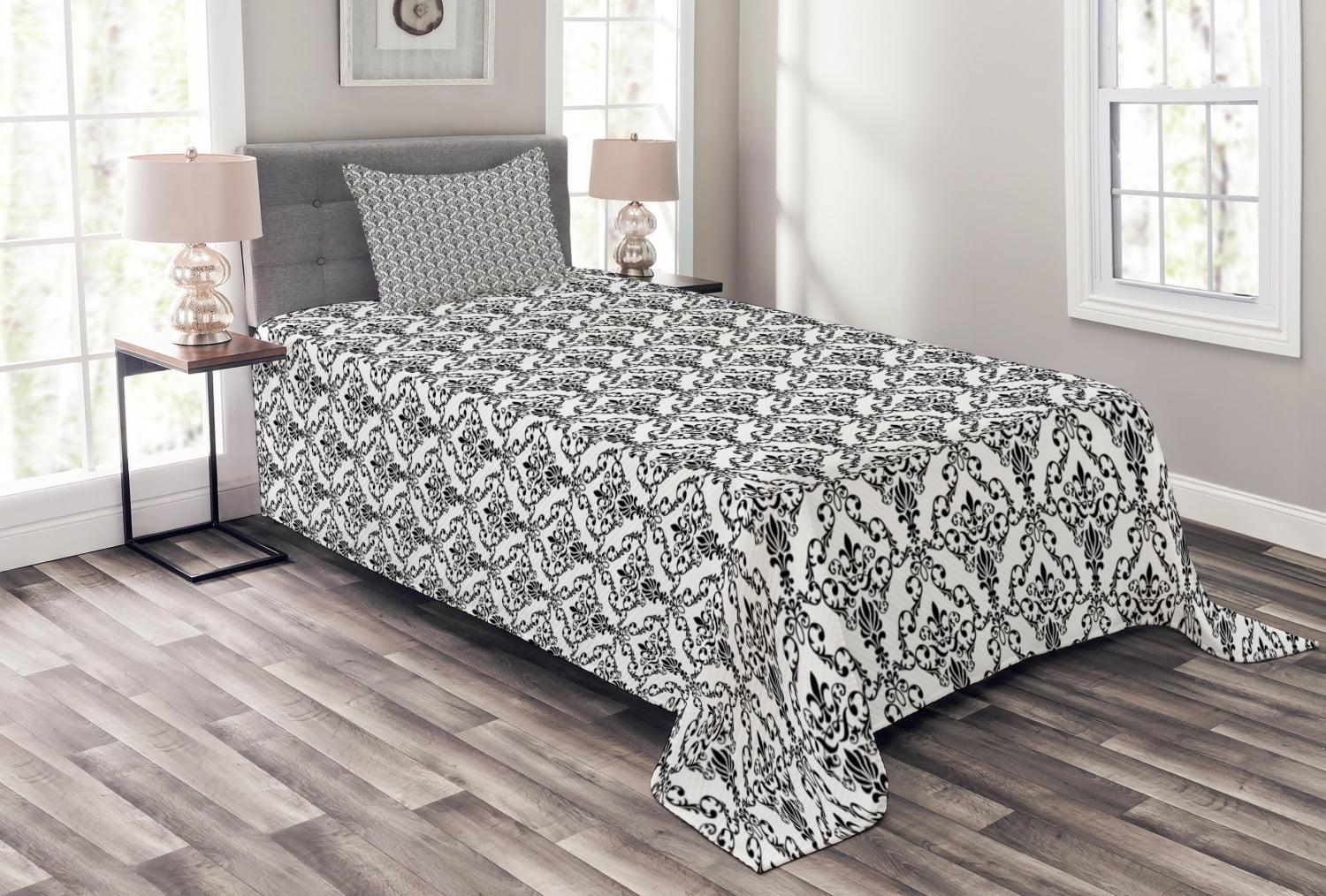 Ambesonne Ambesonne Damask Bedspread Set 2 Pcs Ornate Style Foliage Twin Black White
