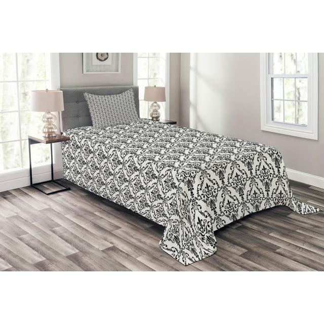 Ambesonne Ambesonne Damask Bedspread Set 2 Pcs Ornate Style Foliage Twin Black White