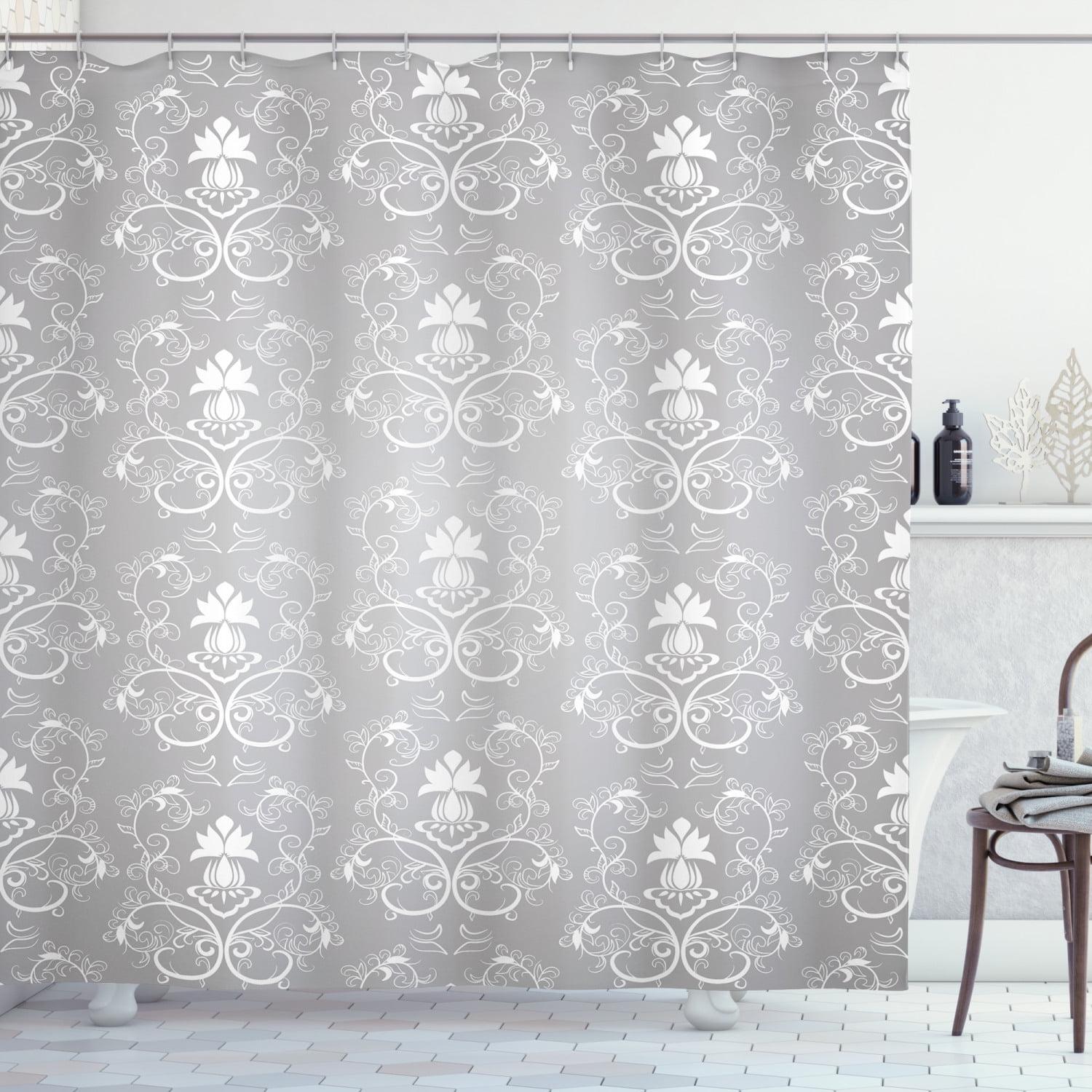 Gray and White Damask Fabric Shower Curtain 69" x 75"