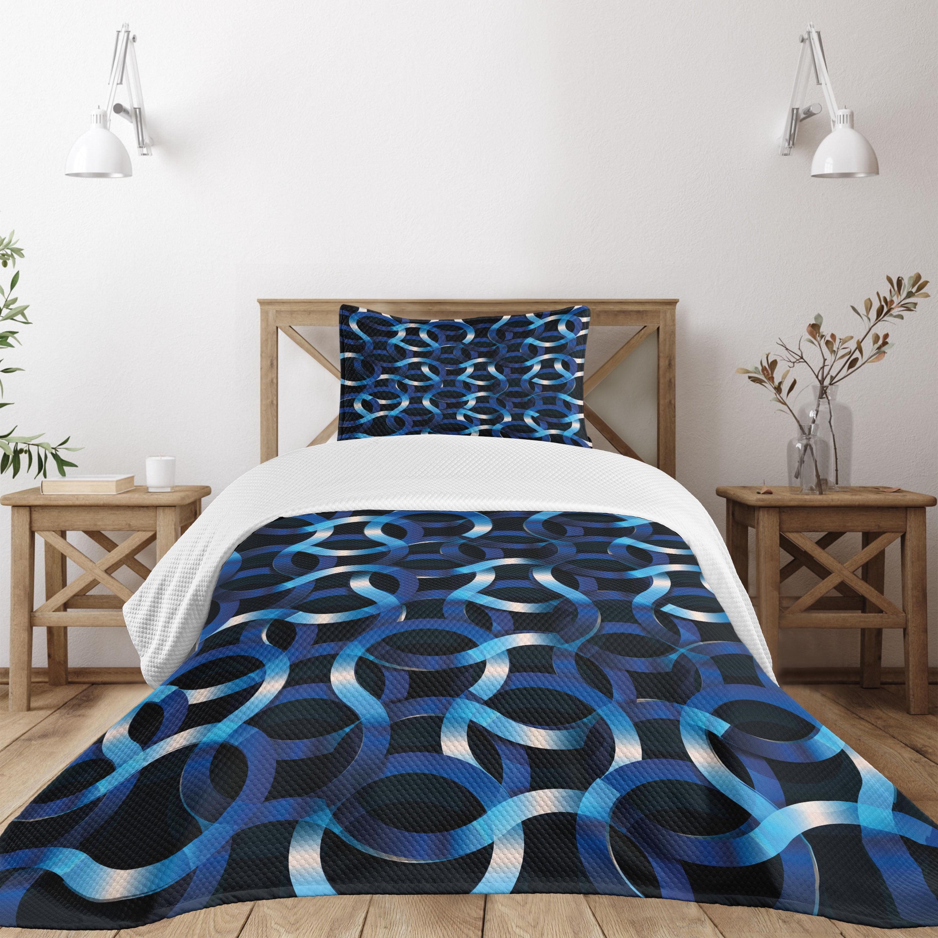 Ambesonne Dark Blue Bedspread Set Curvy Modern Shapes Blue Dark Blue White