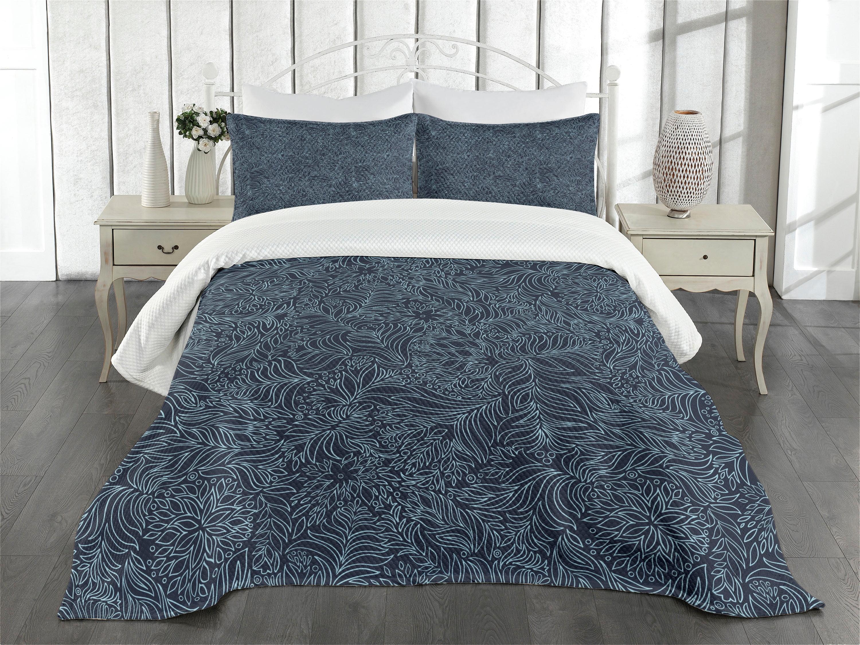 King Size White and Blue Quilted Bedspread Set