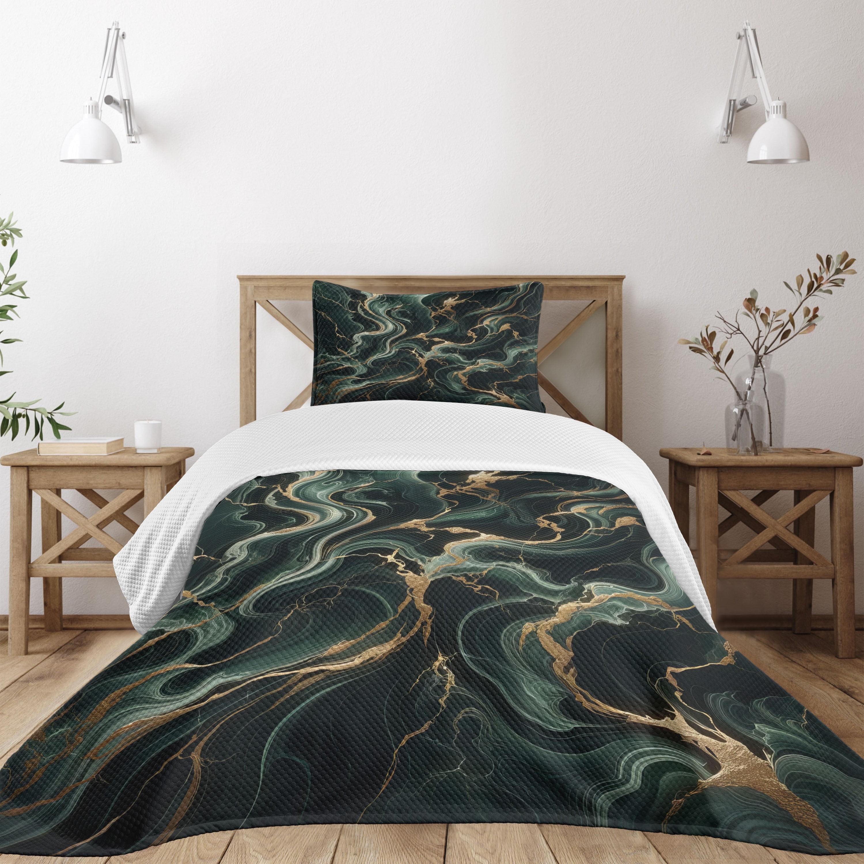 Ambesonne Ambesonne Dark Green Bedspread Set Deep Forest Marble Print Emerald Sand Brown