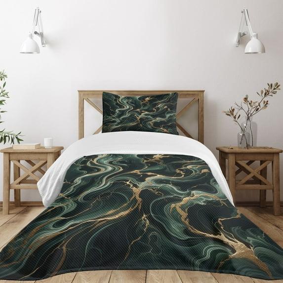 Ambesonne Ambesonne Dark Green Bedspread Set Deep Forest Marble Print Emerald Sand Brown