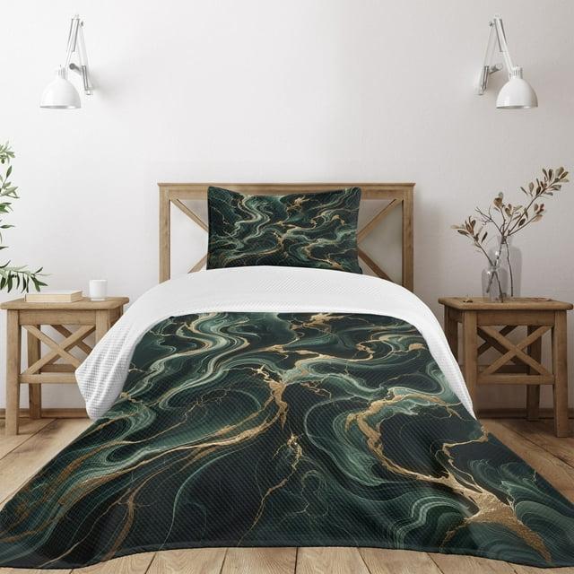 Ambesonne Ambesonne Dark Green Bedspread Set Deep Forest Marble Print Emerald Sand Brown