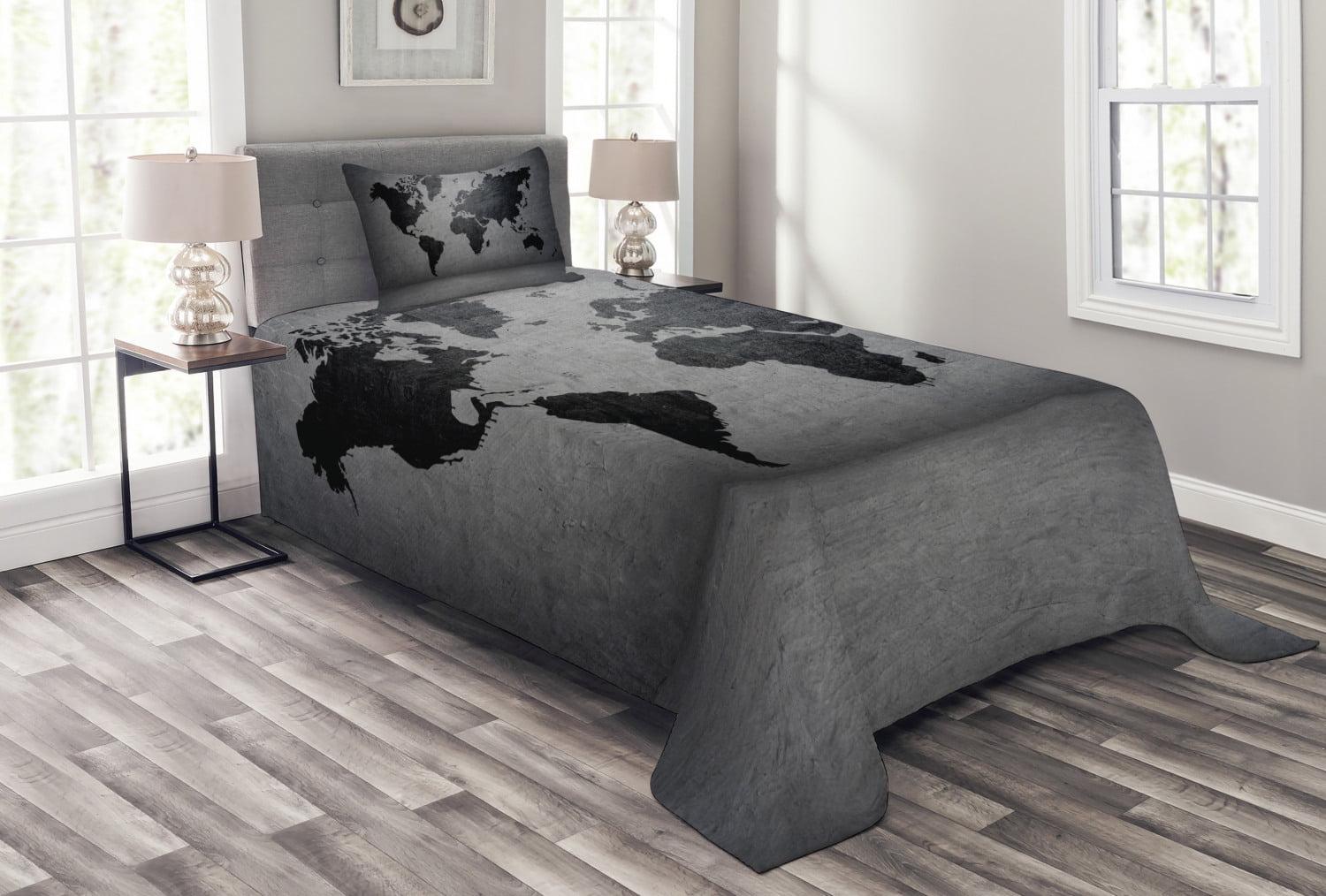 Ambesonne Ambesonne Dark Grey Bedspread Set World Map on Wall Grey Black