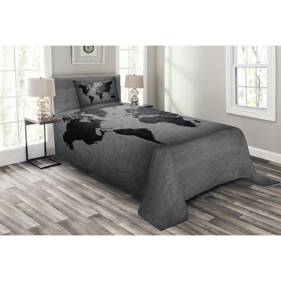 Ambesonne Ambesonne Dark Grey Bedspread Set World Map on Wall Grey Black