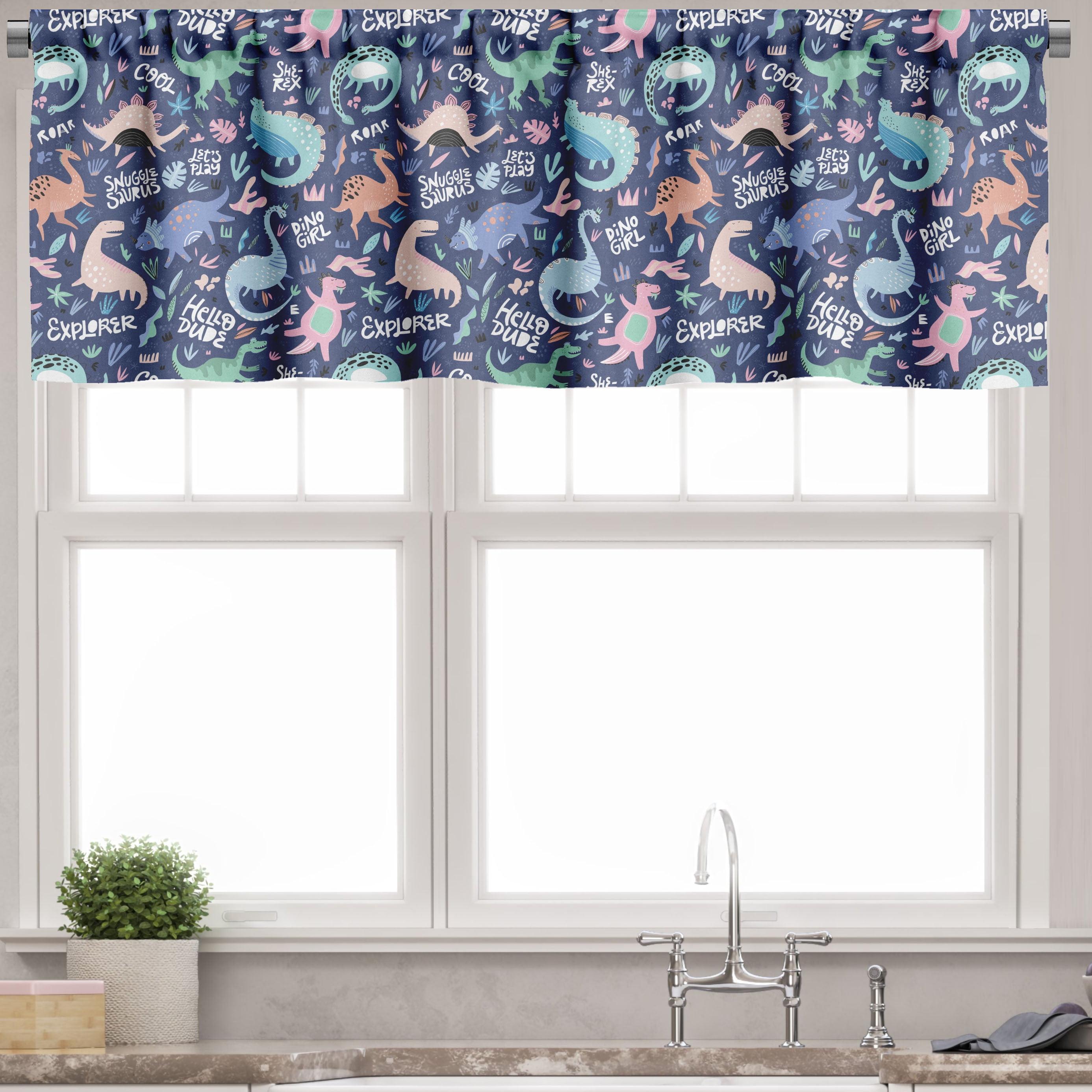 Ambesonne Dinosaur Valance Pack of 2 Cartoon Extinct Animals  Dark Indigo and Multicolor