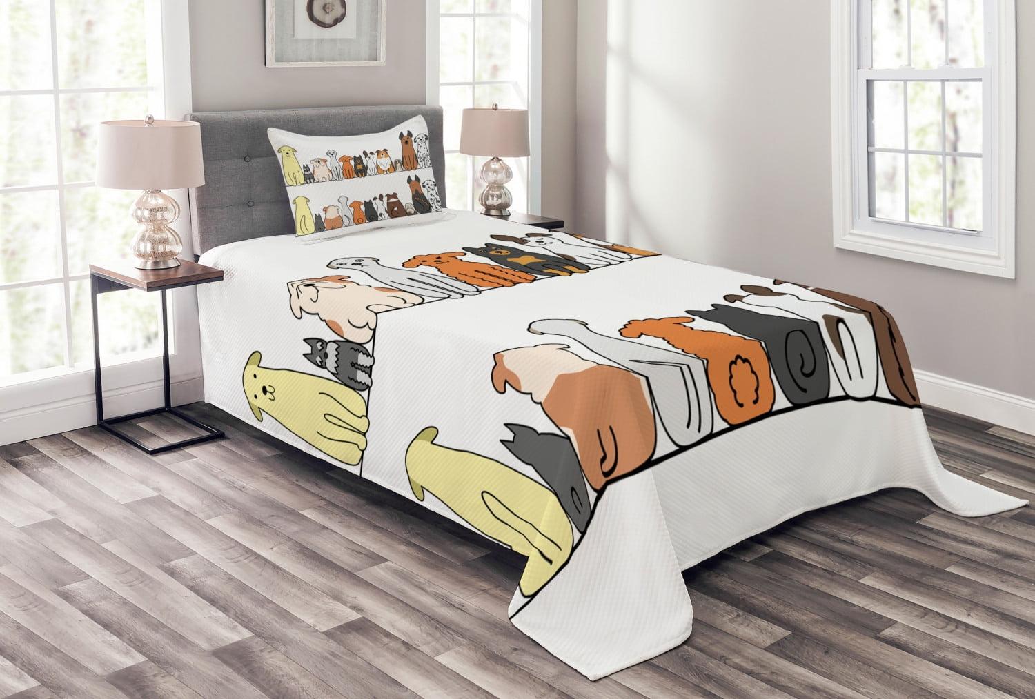 White Twin Kids Unisex Quilted Bedspread Set with Dog Print