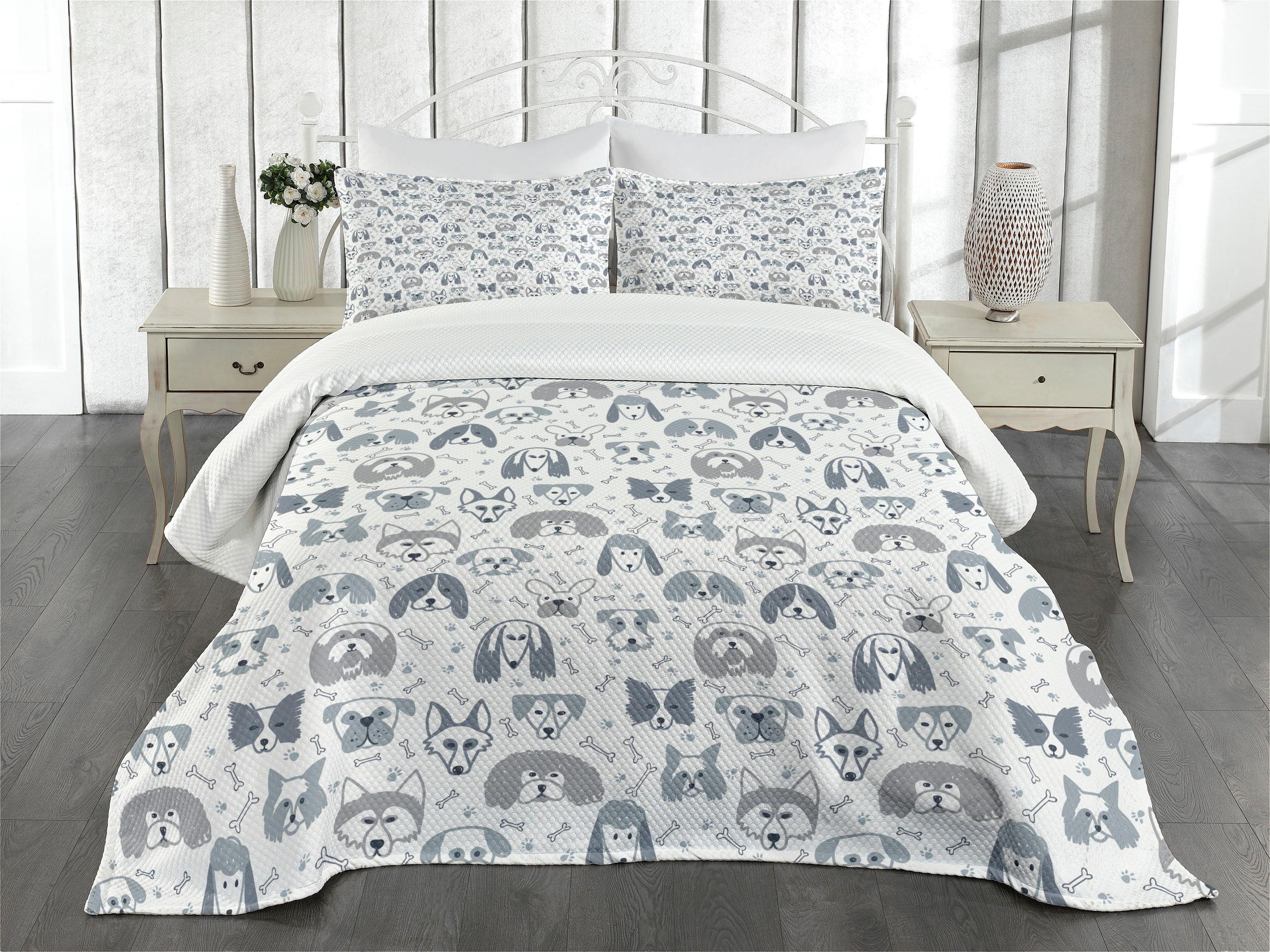 Gray Quilted Dog Pattern Queen Bedspread Set with Shams