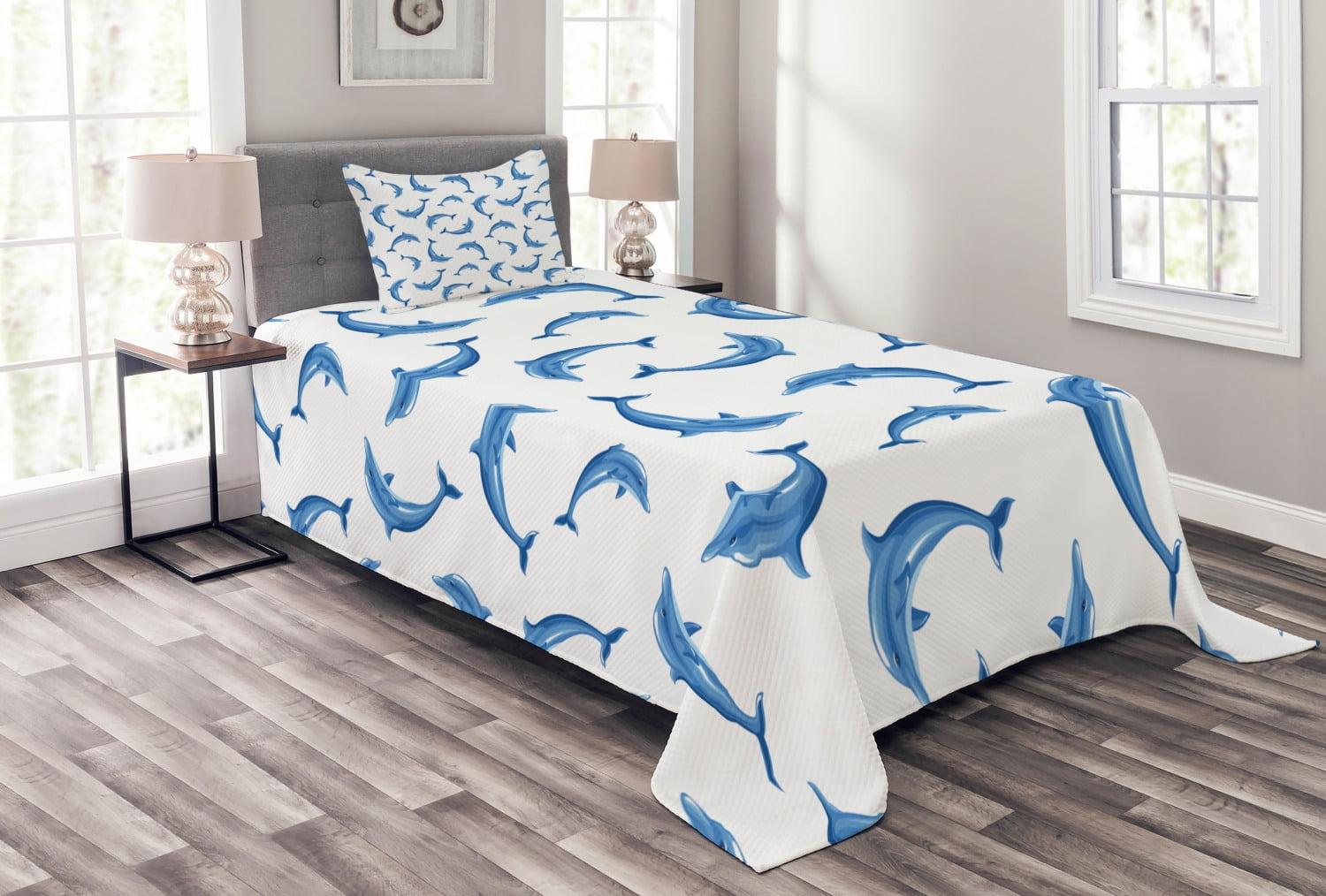 Ambesonne Ambesonne Dolphin Bedspread Set Wildlife Under the Sea Blue White