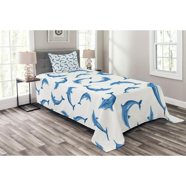 Ambesonne Ambesonne Dolphin Bedspread Set Wildlife Under the Sea Blue White