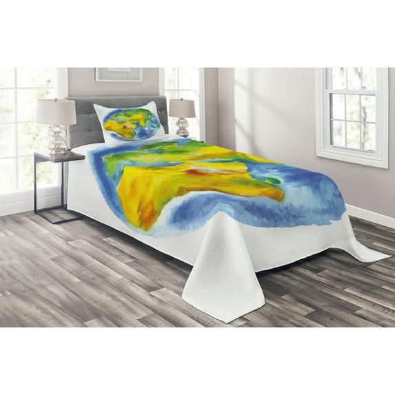 Ambesonne Ambesonne Earth Bedspread Set Globe of Earth Watercolors Pale Blue Green Yellow