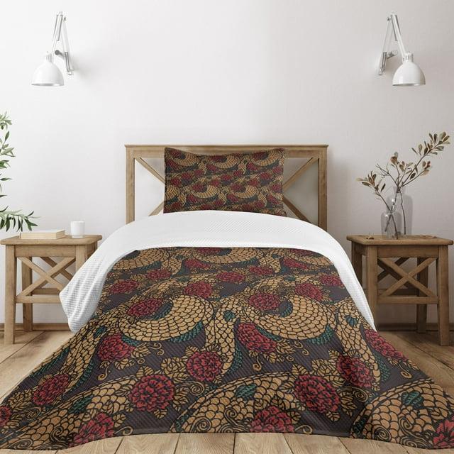 Ambesonne Ambesonne East Bedspread Set Traditional Roses Dragon Jade Green Sand Brown