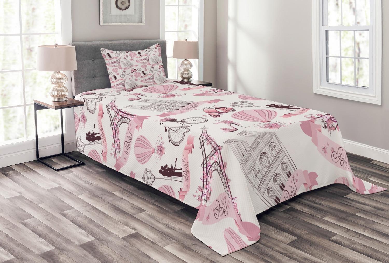 Twin White and Pink Paris Themed Quilted Bedspread Set