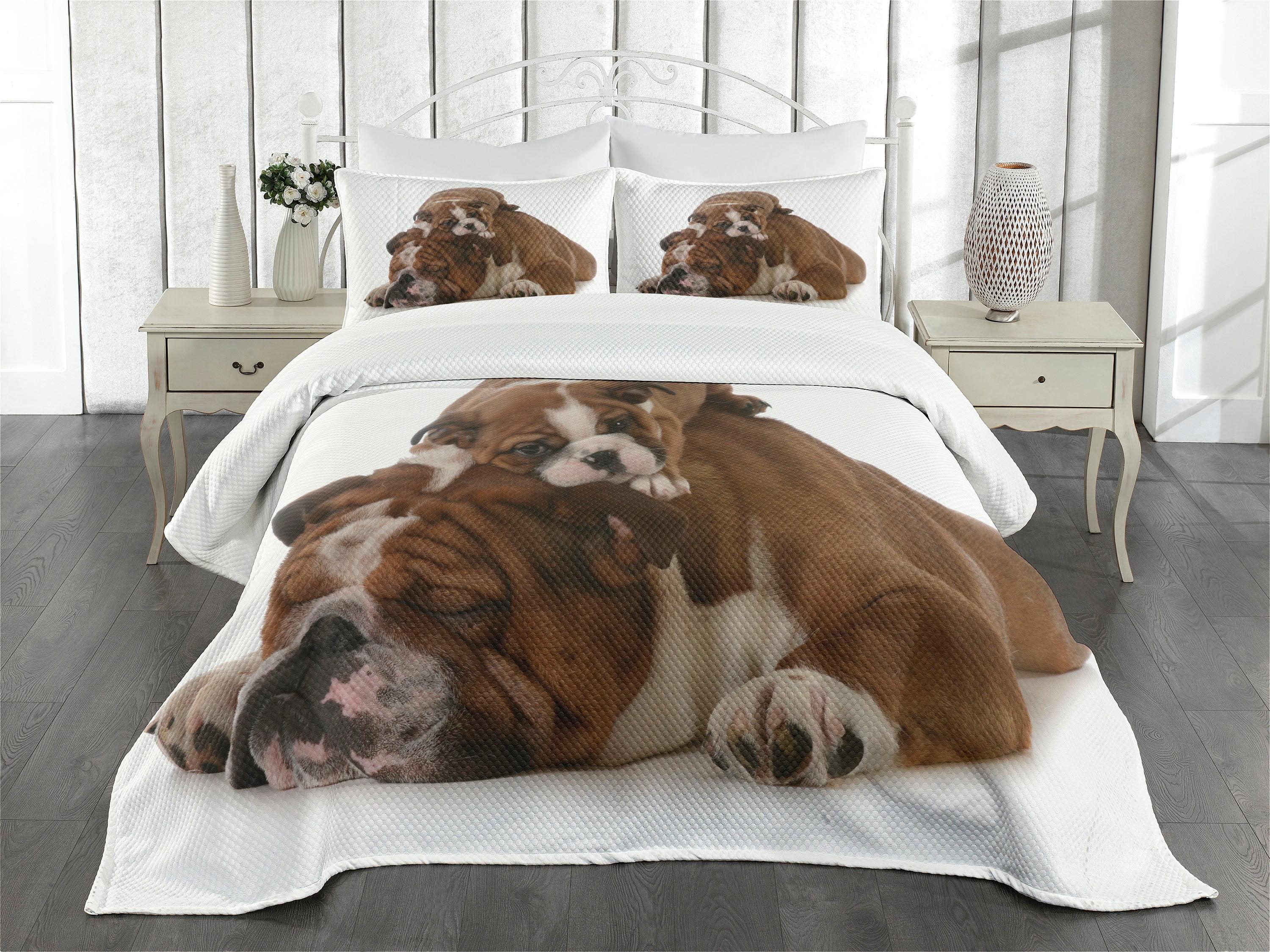 Ambesonne English Bulldog Bedspread Set Father and Son Brown White Black