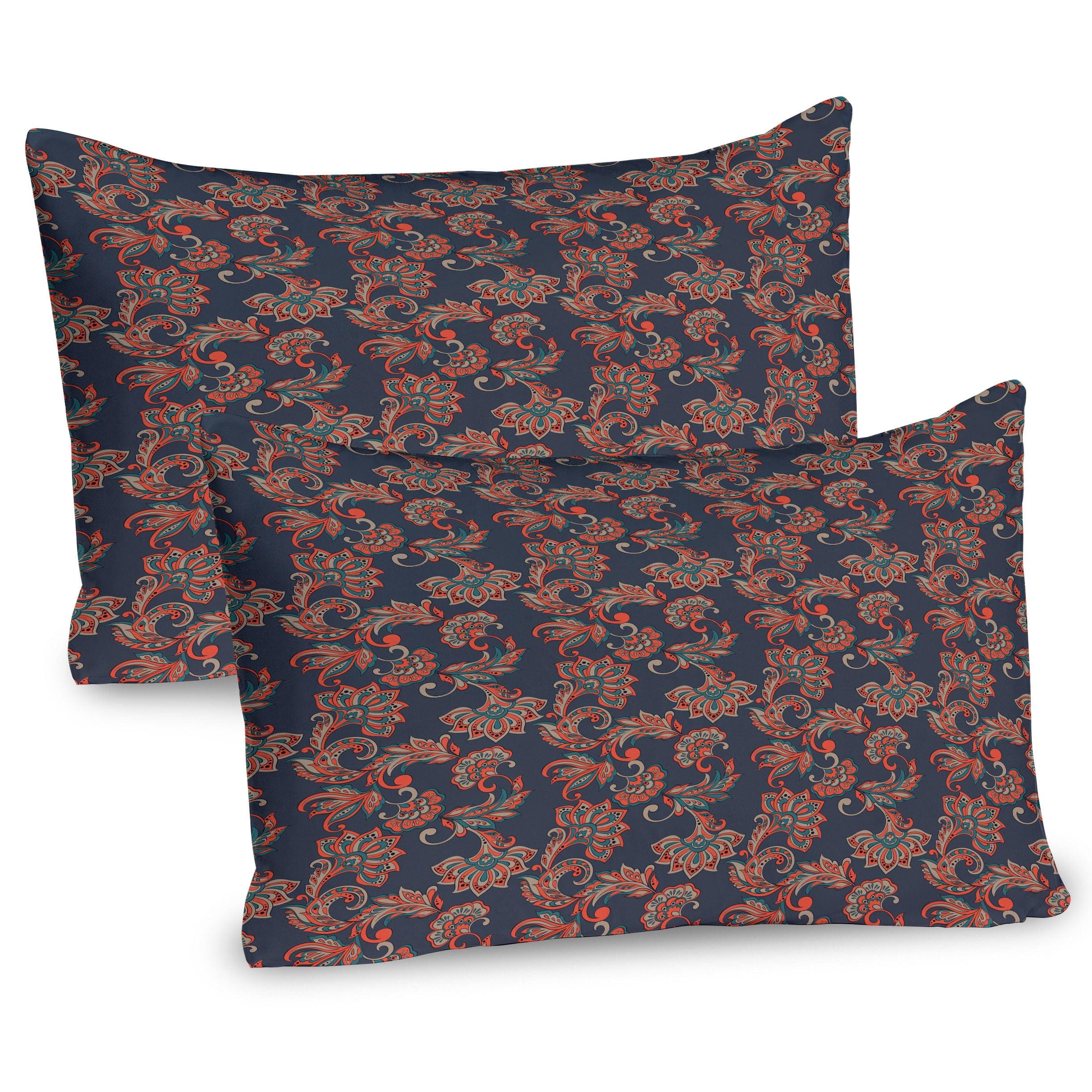 Ambesonne Ethnic Pillow Sham 2 Pack Oriental Floral Swirl Dark Blue Grey Vermilion