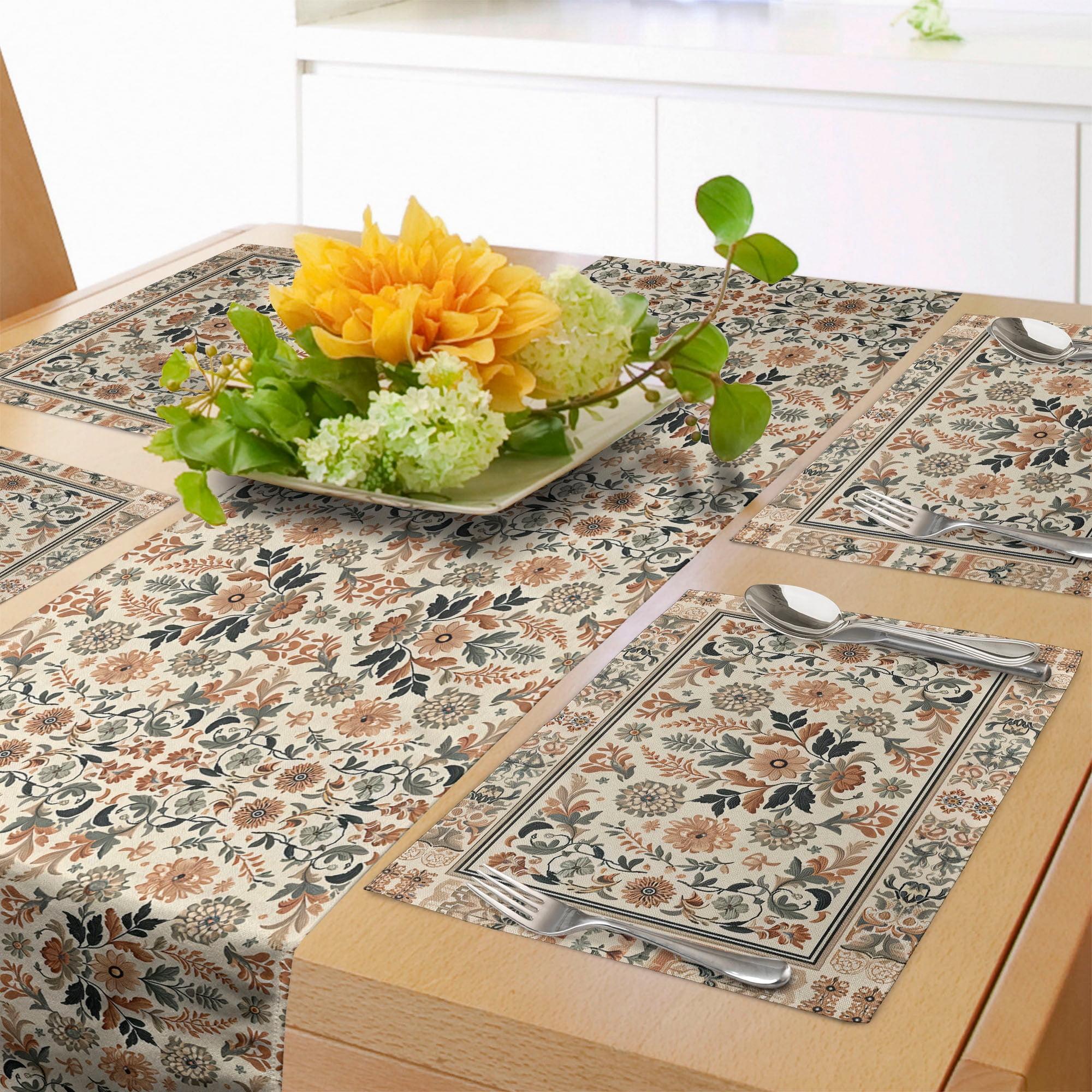 Sage Green Caramel Beige Floral Polyester Table Runner and Placemats Set